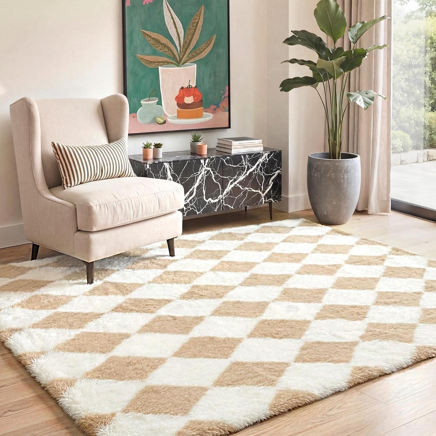 imageGENIMO 5x7 Vintage Floral Area Rug Soft Microfiber Washable Rug with NonSlip Backing Beige Carpet for Living Room Bedroom and Dining RoomCheckeredbeige White