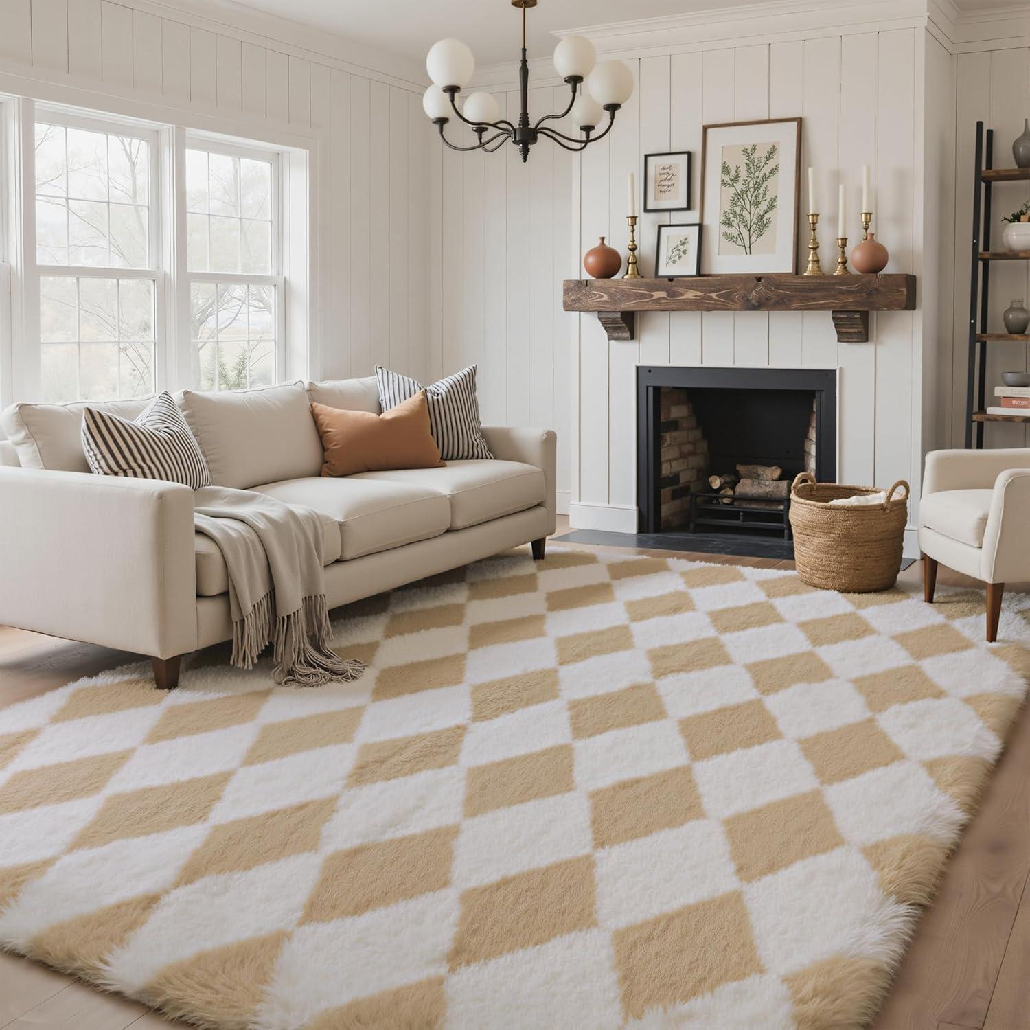 imageGENIMO 5x7 Vintage Floral Area Rug Soft Microfiber Washable Rug with NonSlip Backing Beige Carpet for Living Room Bedroom and Dining RoomCheckeredbeige White