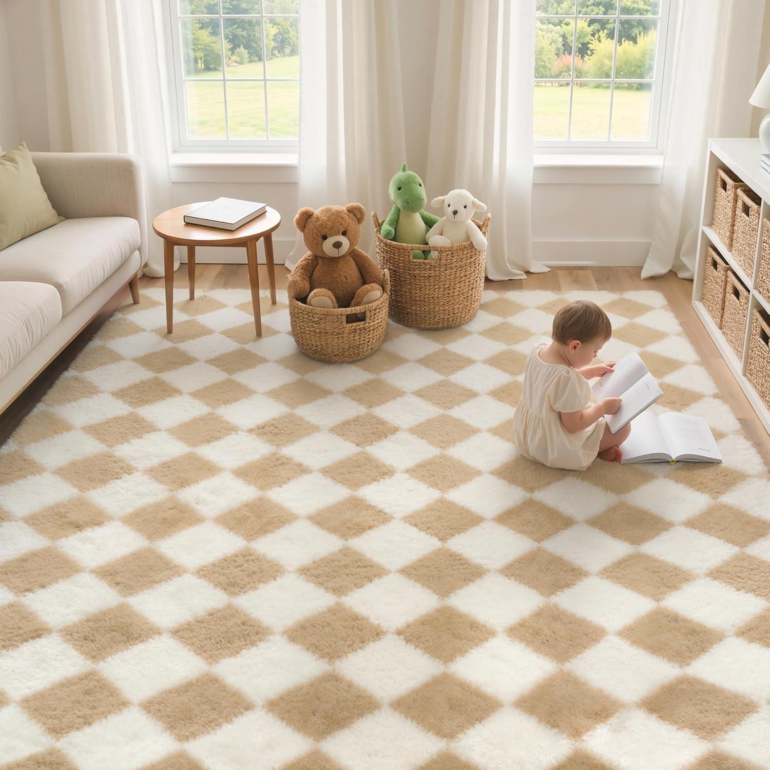 imageGENIMO 5x7 Vintage Floral Area Rug Soft Microfiber Washable Rug with NonSlip Backing Beige Carpet for Living Room Bedroom and Dining RoomCheckeredbeige White