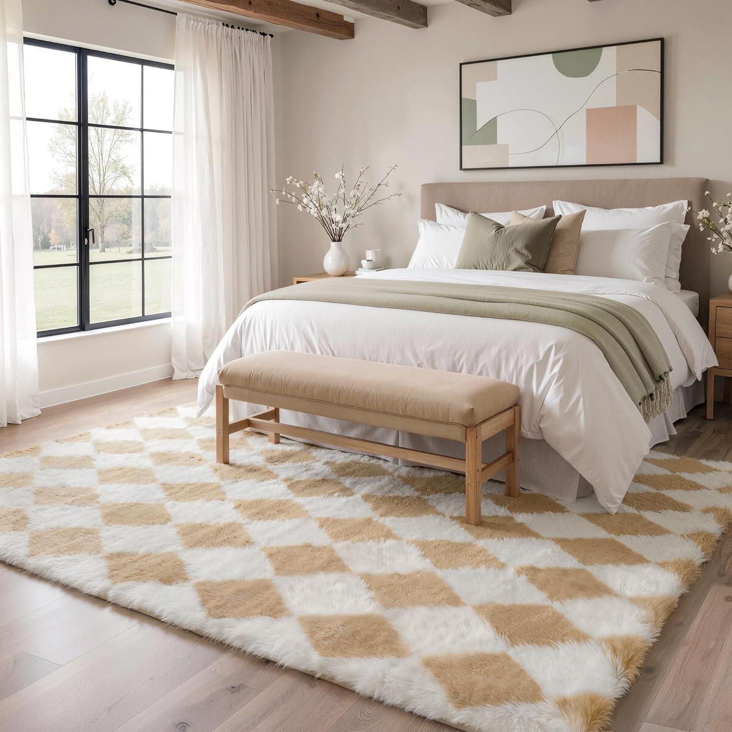 imageGENIMO 5x7 Vintage Floral Area Rug Soft Microfiber Washable Rug with NonSlip Backing Beige Carpet for Living Room Bedroom and Dining RoomCheckeredbeige White