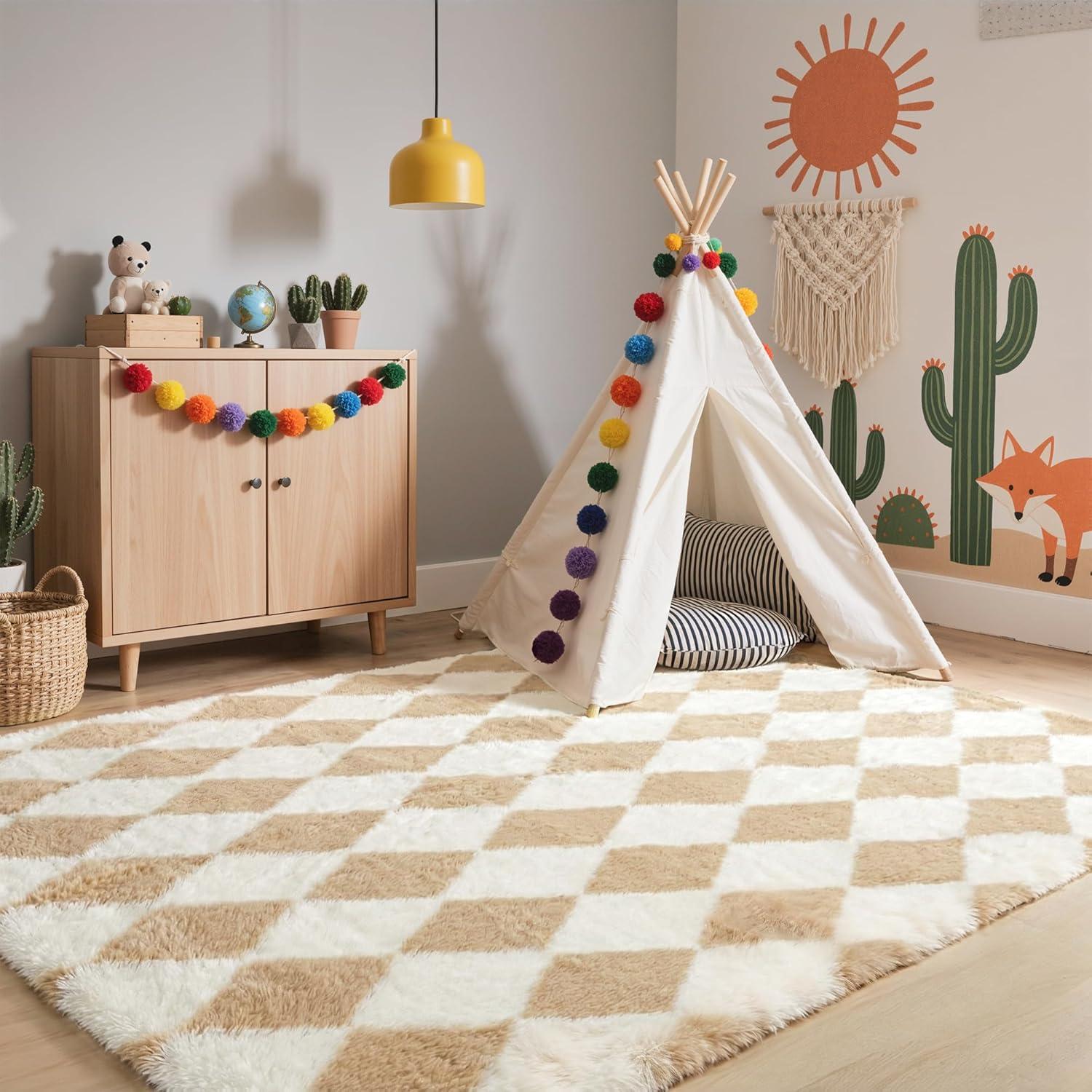 imageGENIMO 5x7 Vintage Floral Area Rug Soft Microfiber Washable Rug with NonSlip Backing Beige Carpet for Living Room Bedroom and Dining RoomCheckeredbeige White