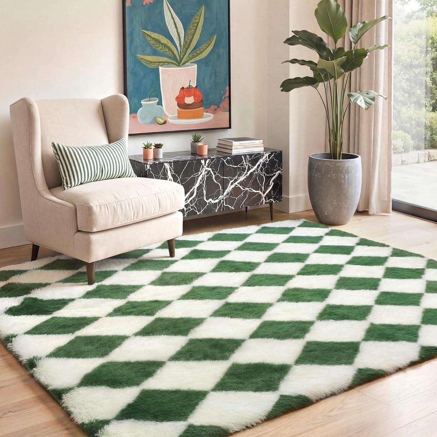 imageGENIMO 5x7 Vintage Floral Area Rug Soft Microfiber Washable Rug with NonSlip Backing Beige Carpet for Living Room Bedroom and Dining RoomCheckeredgreen White