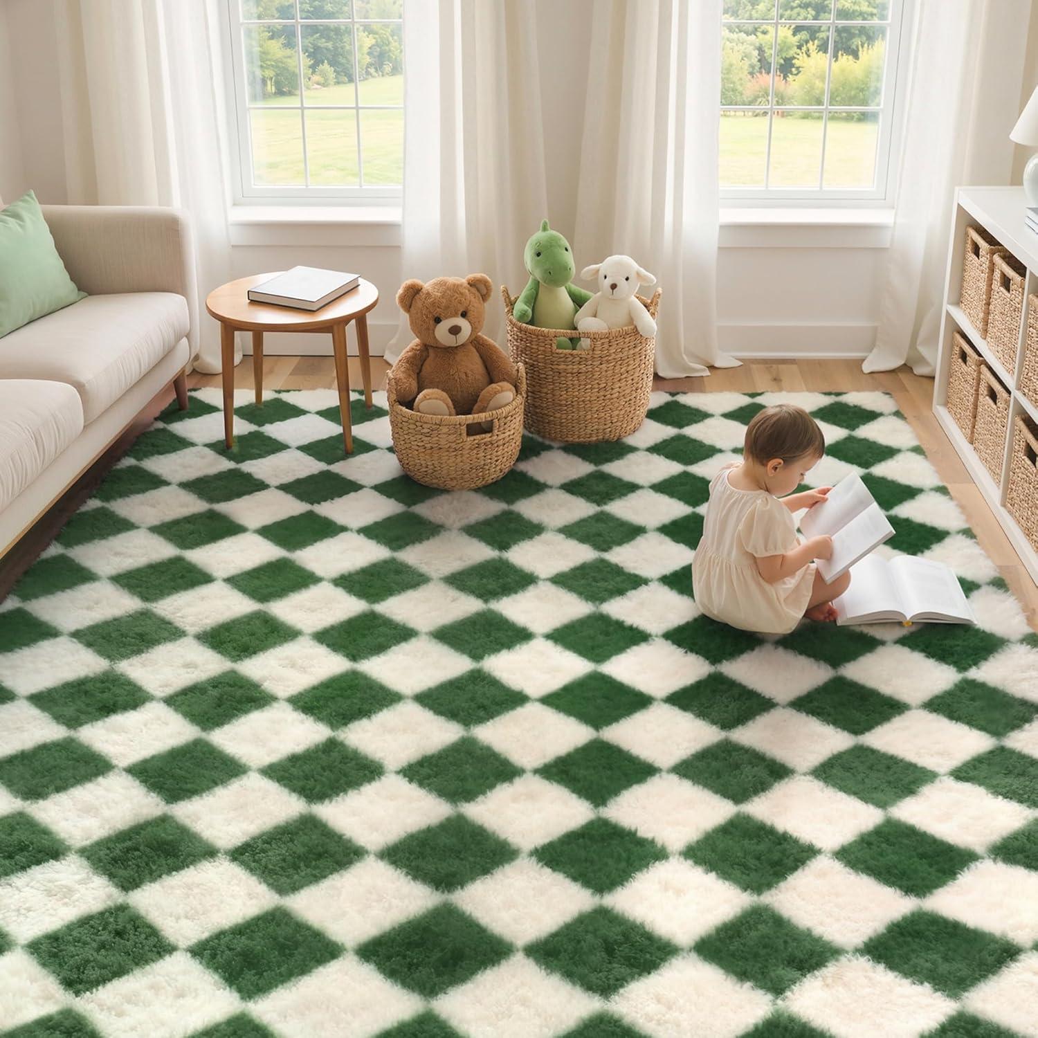 imageGENIMO 5x7 Vintage Floral Area Rug Soft Microfiber Washable Rug with NonSlip Backing Beige Carpet for Living Room Bedroom and Dining RoomCheckeredgreen White