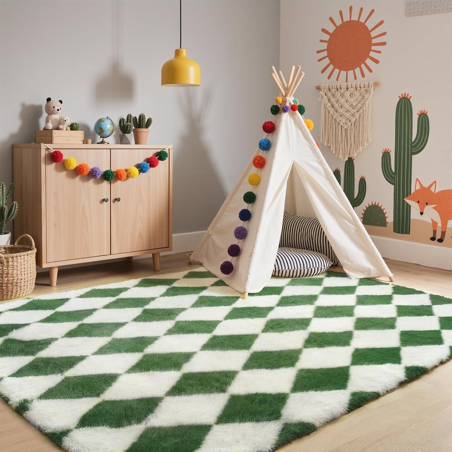 imageGENIMO 5x7 Vintage Floral Area Rug Soft Microfiber Washable Rug with NonSlip Backing Beige Carpet for Living Room Bedroom and Dining RoomCheckeredgreen White