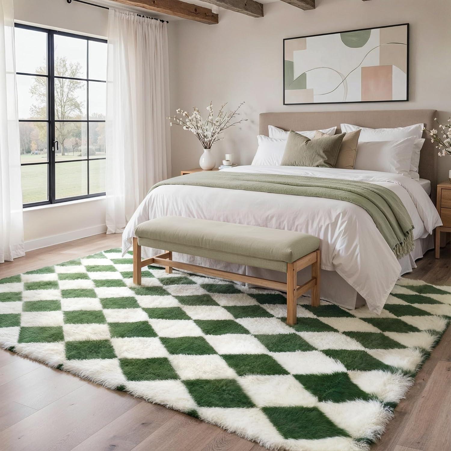 imageGENIMO 5x7 Vintage Floral Area Rug Soft Microfiber Washable Rug with NonSlip Backing Beige Carpet for Living Room Bedroom and Dining RoomCheckeredgreen White