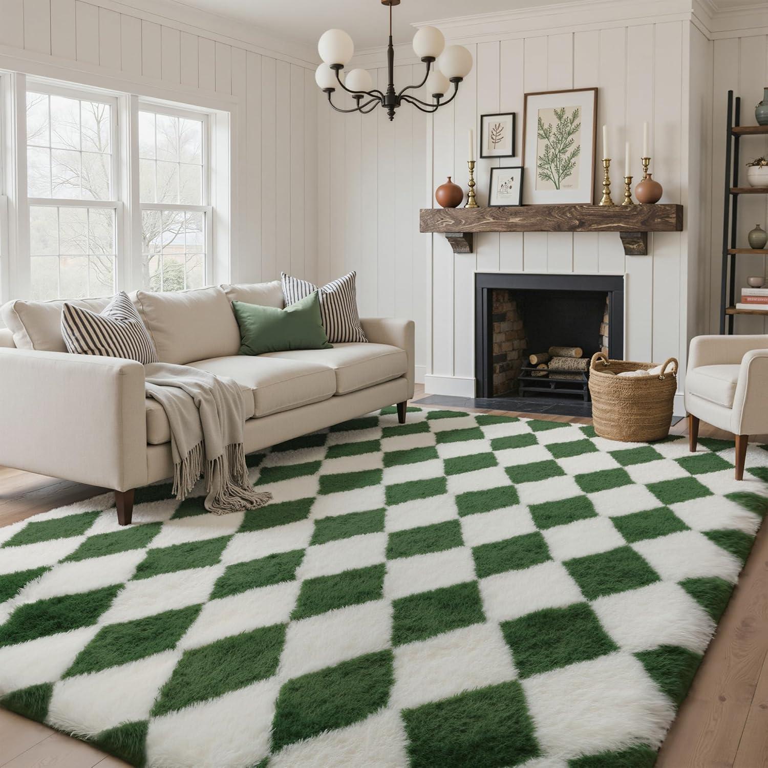 imageGENIMO 5x7 Vintage Floral Area Rug Soft Microfiber Washable Rug with NonSlip Backing Beige Carpet for Living Room Bedroom and Dining RoomCheckeredgreen White