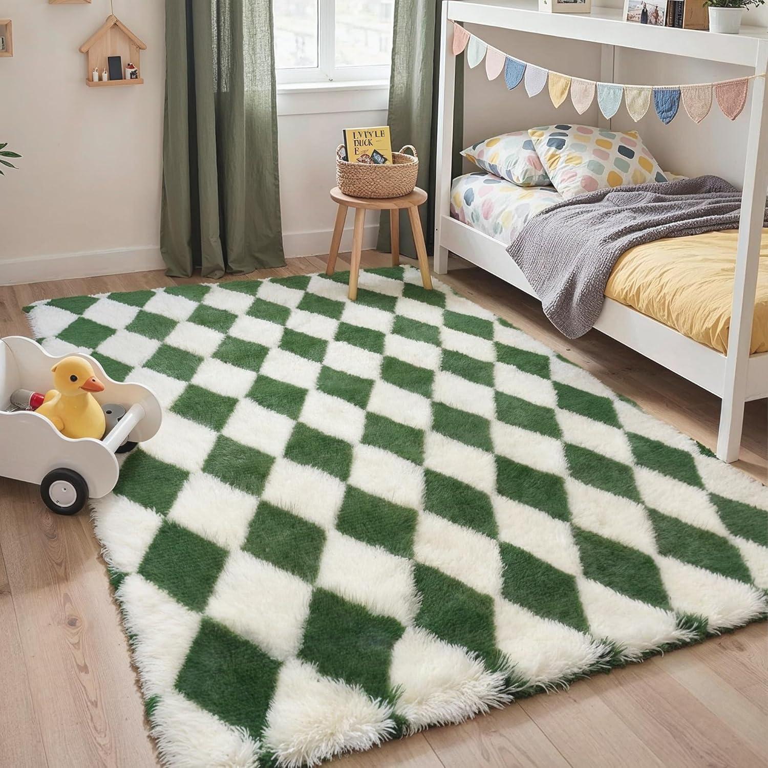 imageGENIMO 5x7 Vintage Floral Area Rug Soft Microfiber Washable Rug with NonSlip Backing Beige Carpet for Living Room Bedroom and Dining RoomCheckeredgreen White