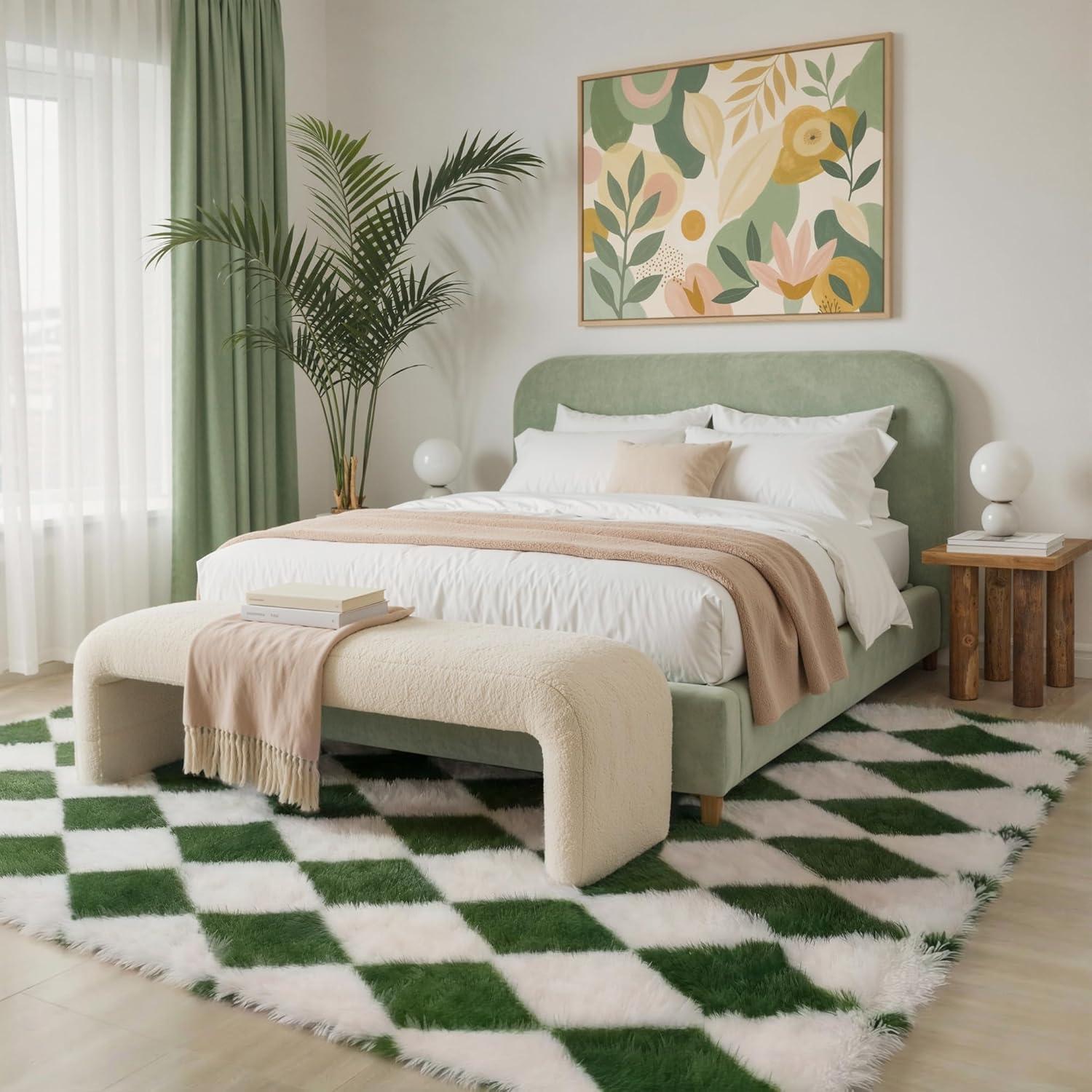imageGENIMO 5x7 Vintage Floral Area Rug Soft Microfiber Washable Rug with NonSlip Backing Beige Carpet for Living Room Bedroom and Dining RoomCheckeredgreen White