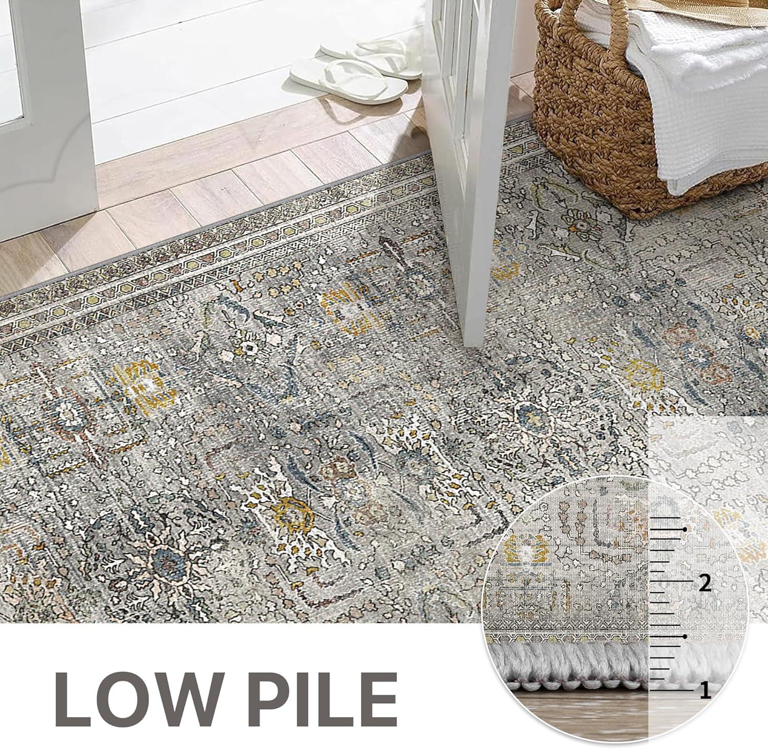 imageGENIMO 5x7 Vintage Floral Area Rug Soft Microfiber Washable Rug with NonSlip Backing Beige Carpet for Living Room Bedroom and Dining RoomFrench Grey