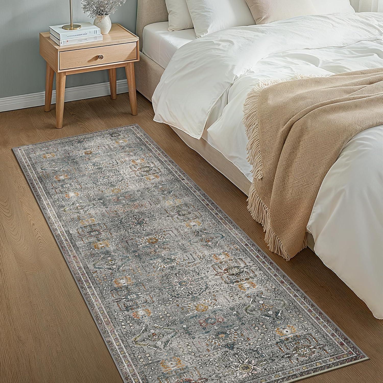 imageGENIMO 5x7 Vintage Floral Area Rug Soft Microfiber Washable Rug with NonSlip Backing Beige Carpet for Living Room Bedroom and Dining RoomFrench Grey