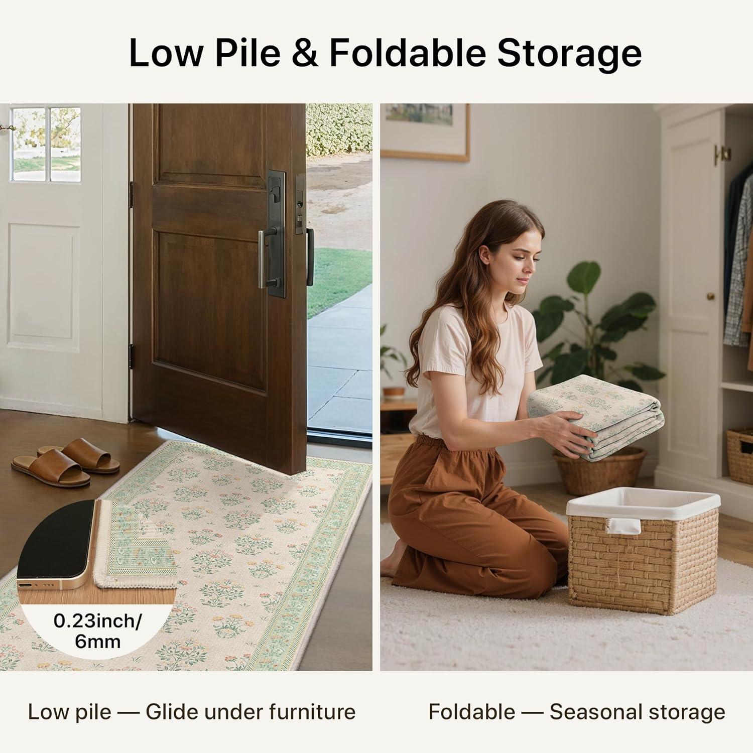 imageGENIMO 5x7 Vintage Floral Area Rug Soft Microfiber Washable Rug with NonSlip Backing Beige Carpet for Living Room Bedroom and Dining RoomGreen