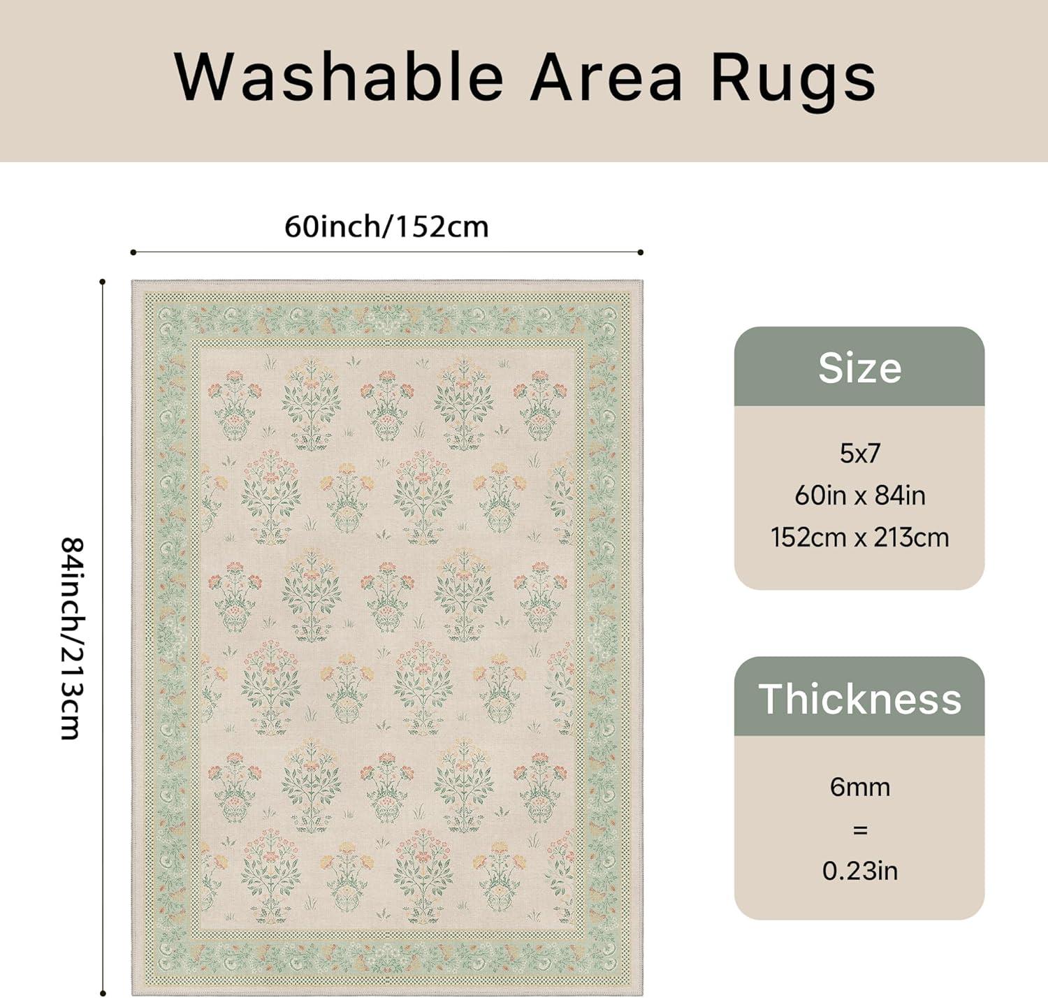 imageGENIMO 5x7 Vintage Floral Area Rug Soft Microfiber Washable Rug with NonSlip Backing Beige Carpet for Living Room Bedroom and Dining RoomGreen