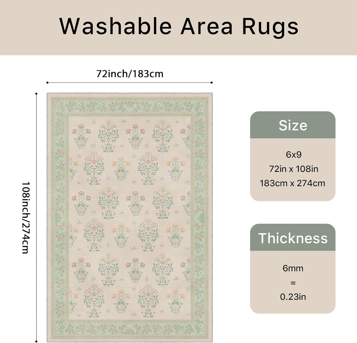 imageGENIMO 5x7 Vintage Floral Area Rug Soft Microfiber Washable Rug with NonSlip Backing Beige Carpet for Living Room Bedroom and Dining RoomGreen