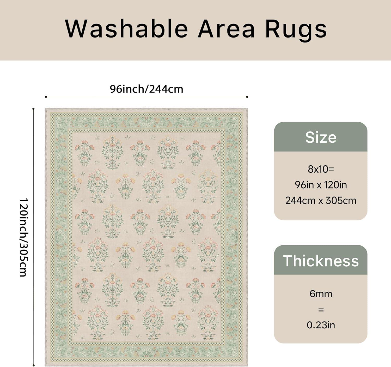 imageGENIMO 5x7 Vintage Floral Area Rug Soft Microfiber Washable Rug with NonSlip Backing Beige Carpet for Living Room Bedroom and Dining RoomGreen
