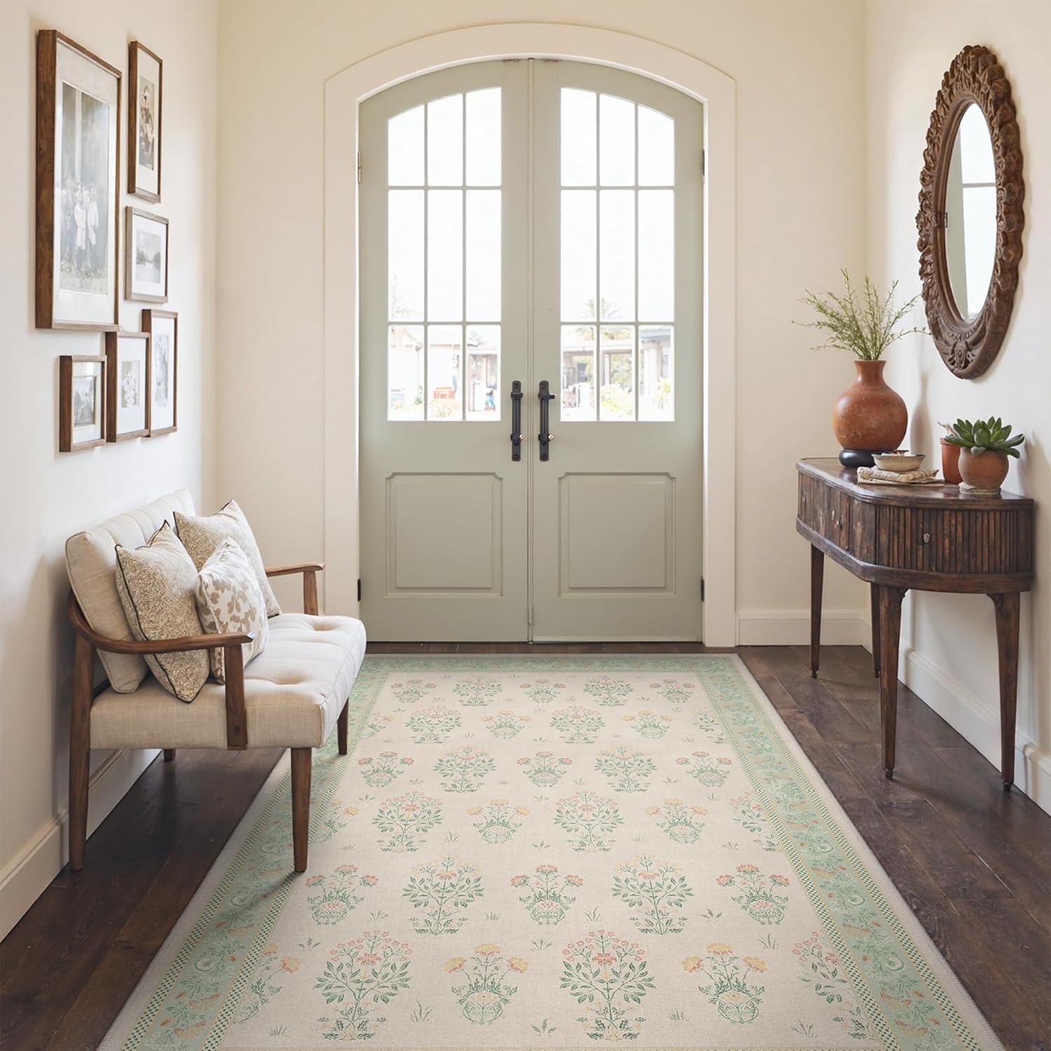 imageGENIMO 5x7 Vintage Floral Area Rug Soft Microfiber Washable Rug with NonSlip Backing Beige Carpet for Living Room Bedroom and Dining RoomGreen