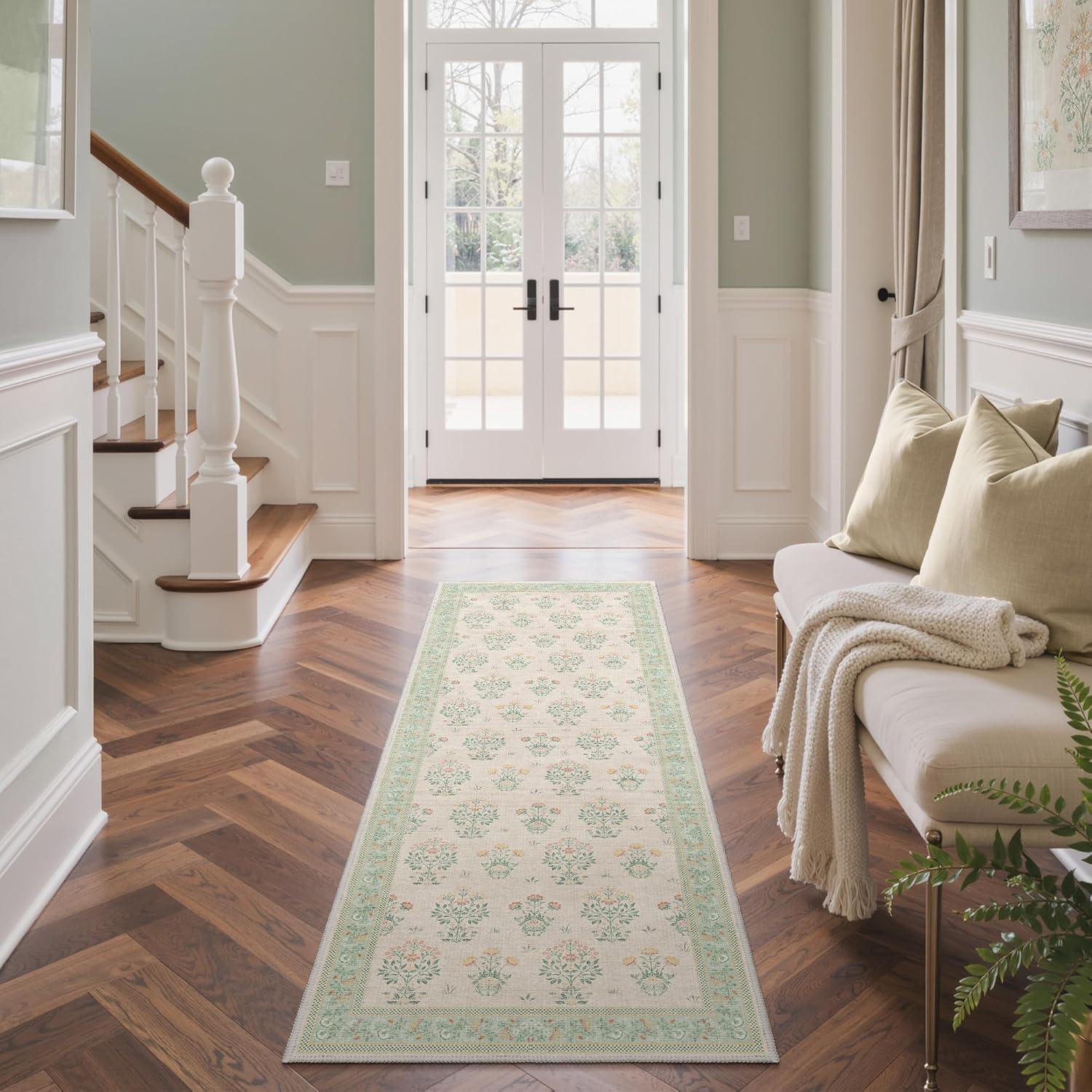 imageGENIMO 5x7 Vintage Floral Area Rug Soft Microfiber Washable Rug with NonSlip Backing Beige Carpet for Living Room Bedroom and Dining RoomGreen