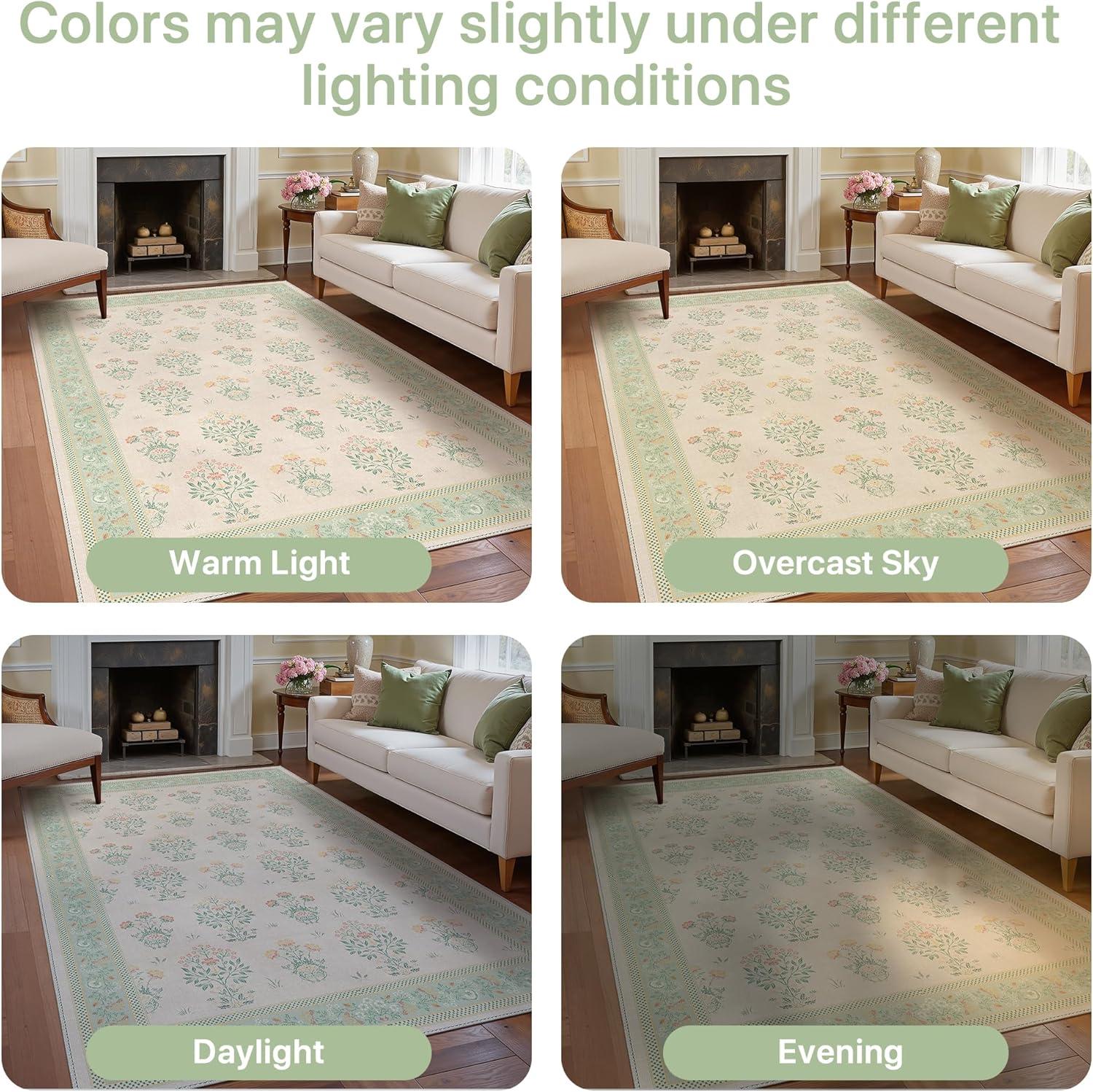 imageGENIMO 5x7 Vintage Floral Area Rug Soft Microfiber Washable Rug with NonSlip Backing Beige Carpet for Living Room Bedroom and Dining RoomGreen