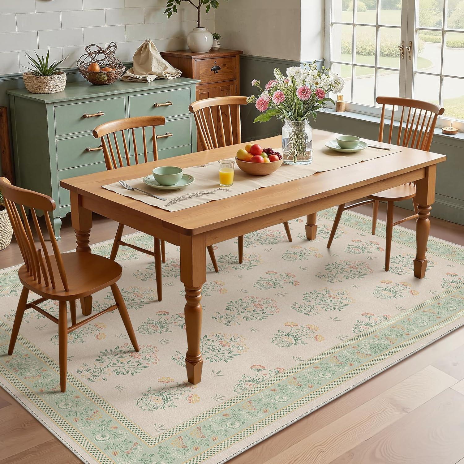 imageGENIMO 5x7 Vintage Floral Area Rug Soft Microfiber Washable Rug with NonSlip Backing Beige Carpet for Living Room Bedroom and Dining RoomGreen