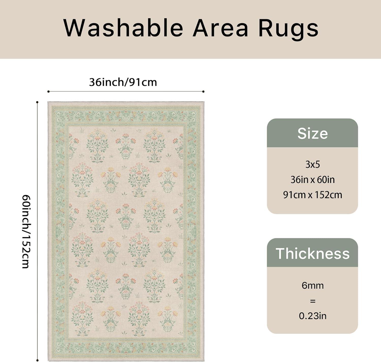 imageGENIMO 5x7 Vintage Floral Area Rug Soft Microfiber Washable Rug with NonSlip Backing Beige Carpet for Living Room Bedroom and Dining RoomGreen