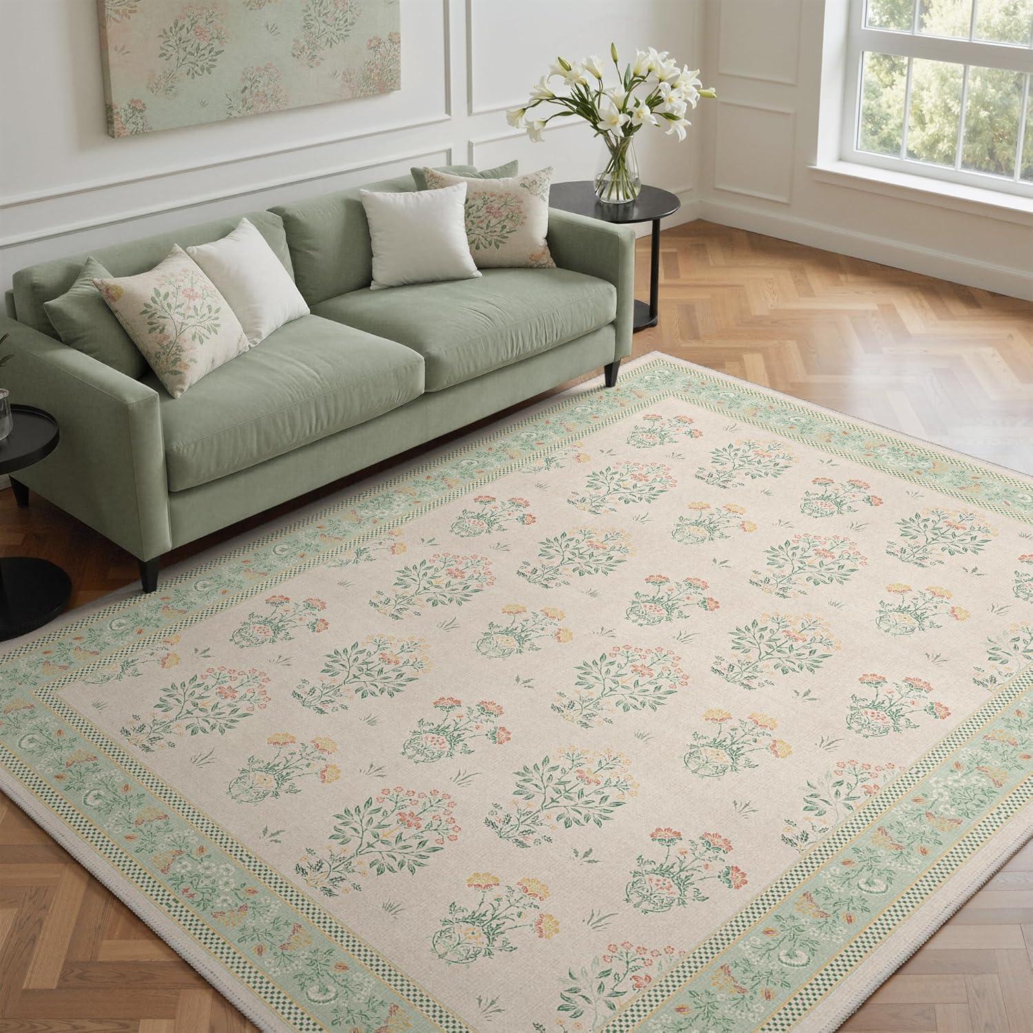imageGENIMO 5x7 Vintage Floral Area Rug Soft Microfiber Washable Rug with NonSlip Backing Beige Carpet for Living Room Bedroom and Dining RoomGreen