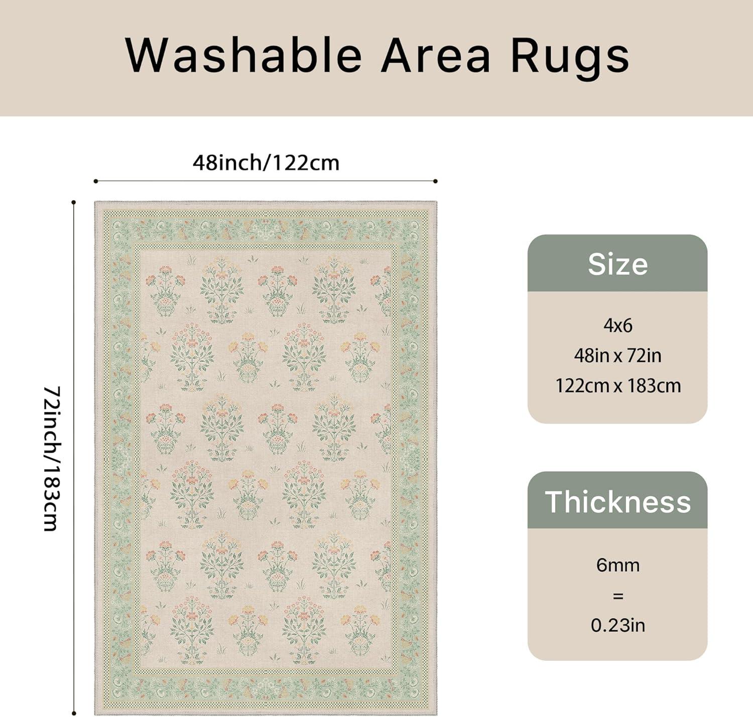 imageGENIMO 5x7 Vintage Floral Area Rug Soft Microfiber Washable Rug with NonSlip Backing Beige Carpet for Living Room Bedroom and Dining RoomGreen