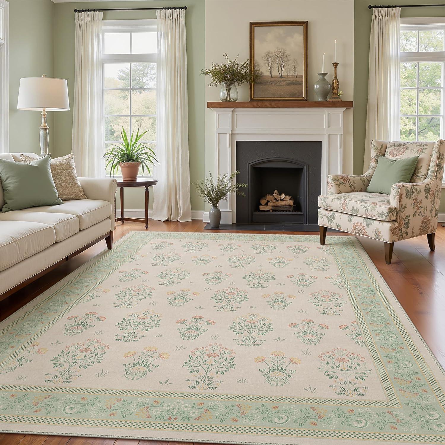 imageGENIMO 5x7 Vintage Floral Area Rug Soft Microfiber Washable Rug with NonSlip Backing Beige Carpet for Living Room Bedroom and Dining RoomGreen