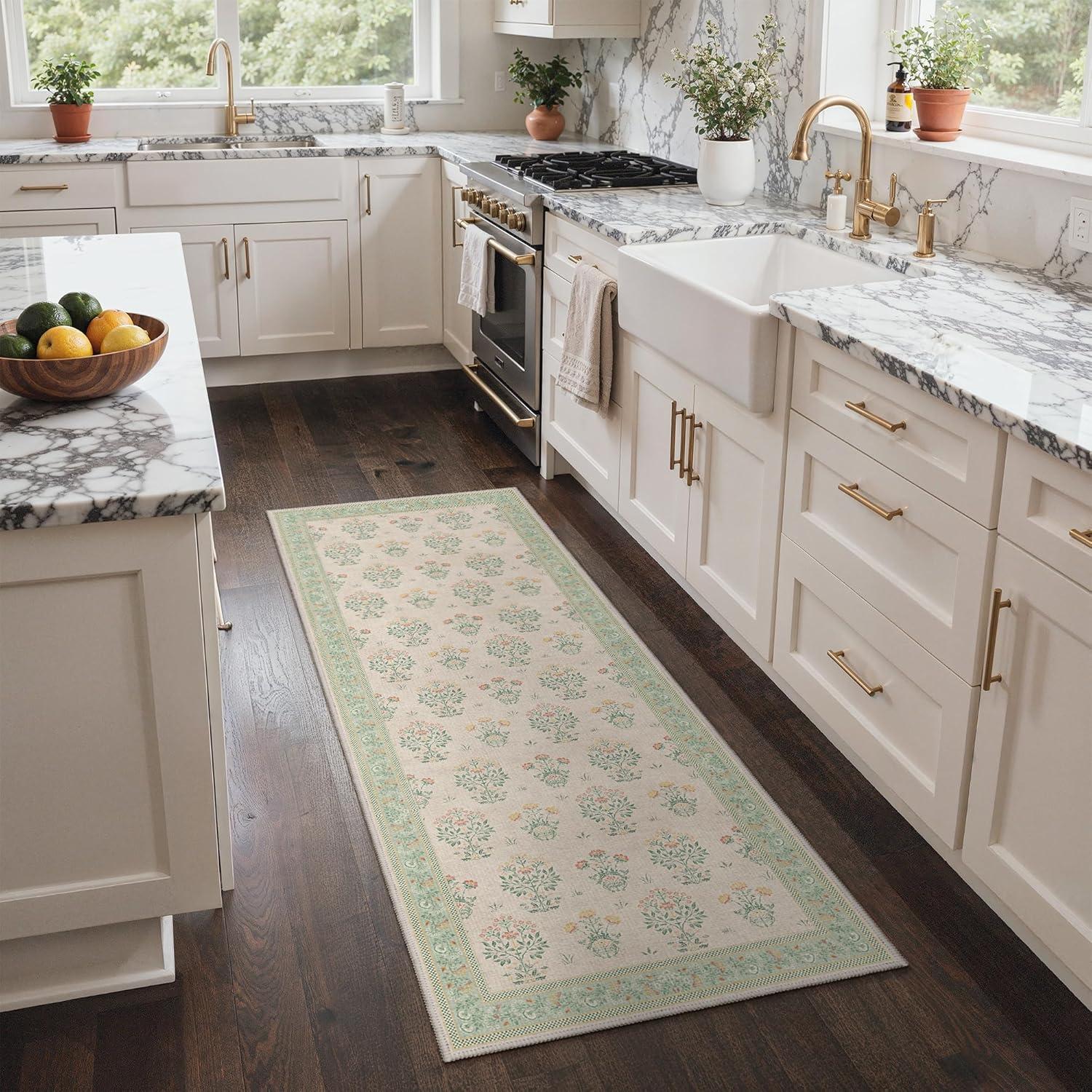 imageGENIMO 5x7 Vintage Floral Area Rug Soft Microfiber Washable Rug with NonSlip Backing Beige Carpet for Living Room Bedroom and Dining RoomGreen