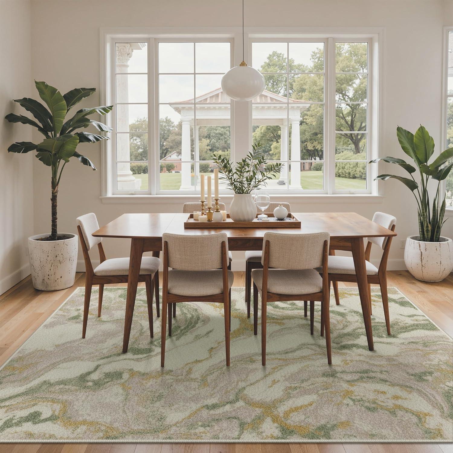 imageGENIMO 5x7 Vintage Floral Area Rug Soft Microfiber Washable Rug with NonSlip Backing Beige Carpet for Living Room Bedroom and Dining RoomGreen Pink