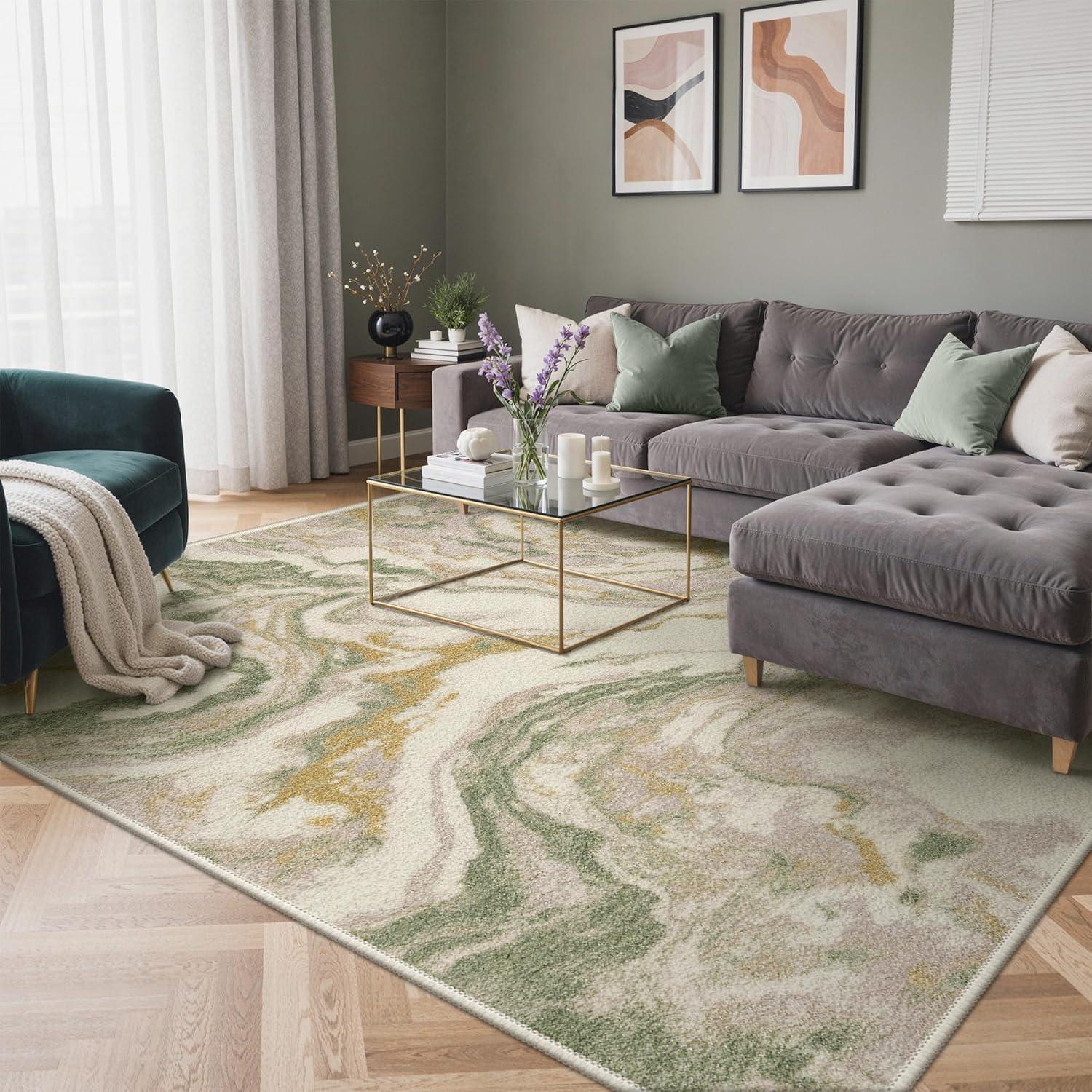 imageGENIMO 5x7 Vintage Floral Area Rug Soft Microfiber Washable Rug with NonSlip Backing Beige Carpet for Living Room Bedroom and Dining RoomGreen Pink