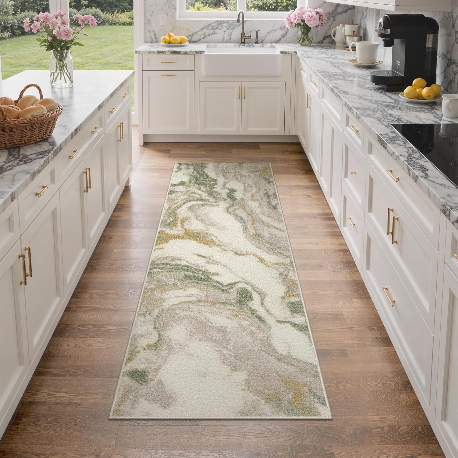 imageGENIMO 5x7 Vintage Floral Area Rug Soft Microfiber Washable Rug with NonSlip Backing Beige Carpet for Living Room Bedroom and Dining RoomGreen Pink
