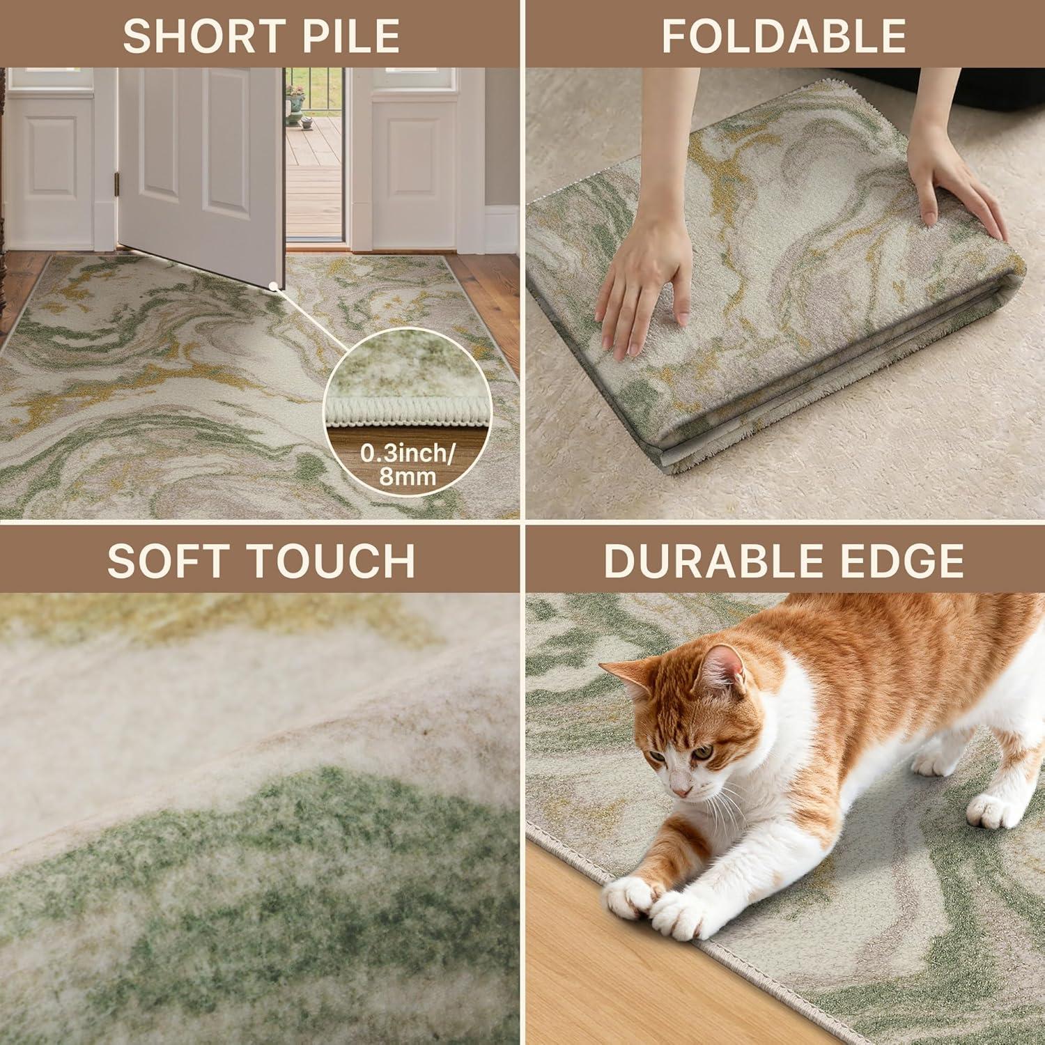 imageGENIMO 5x7 Vintage Floral Area Rug Soft Microfiber Washable Rug with NonSlip Backing Beige Carpet for Living Room Bedroom and Dining RoomGreen Pink