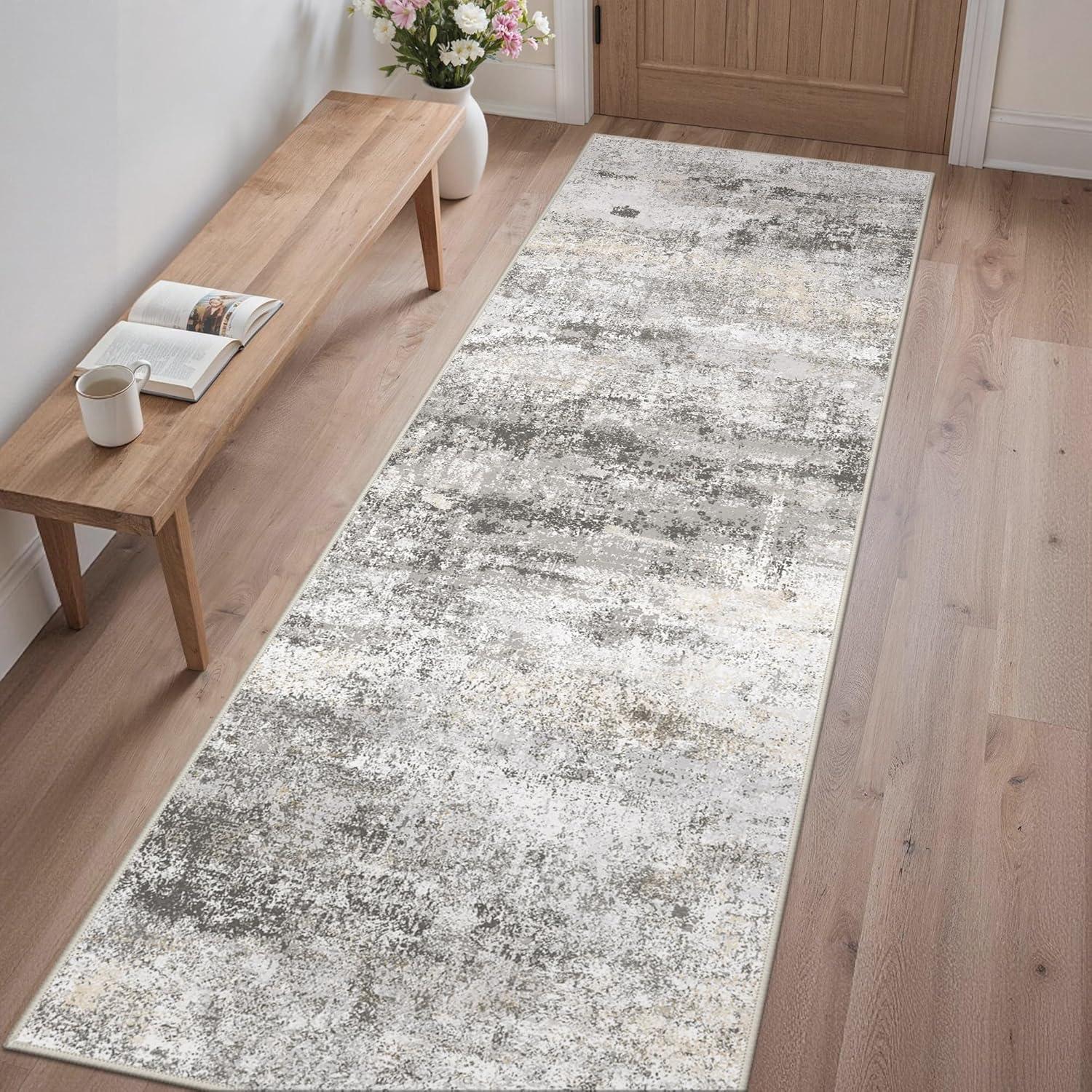imageGENIMO 5x7 Vintage Floral Area Rug Soft Microfiber Washable Rug with NonSlip Backing Beige Carpet for Living Room Bedroom and Dining RoomGrey Beige