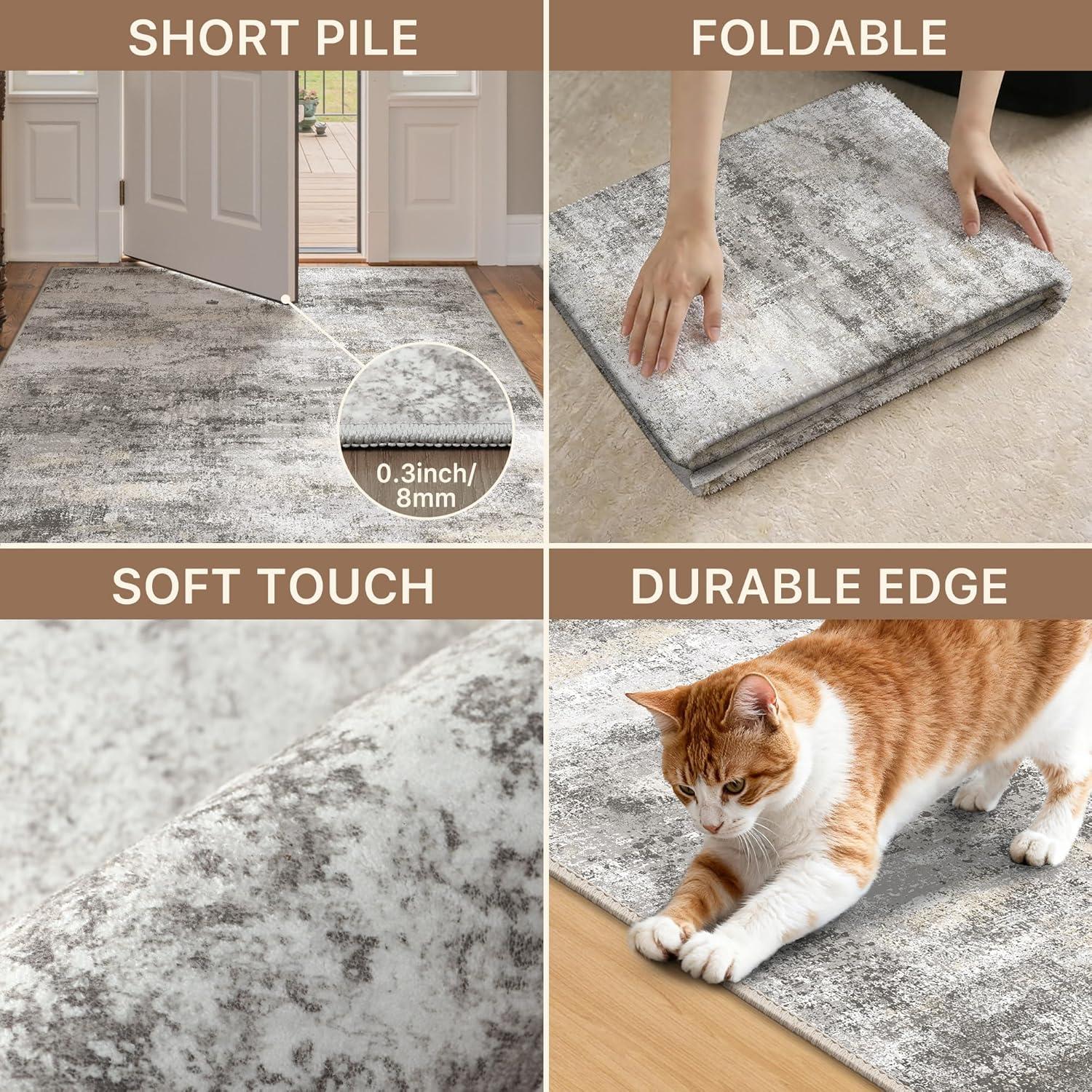 imageGENIMO 5x7 Vintage Floral Area Rug Soft Microfiber Washable Rug with NonSlip Backing Beige Carpet for Living Room Bedroom and Dining RoomGrey Beige