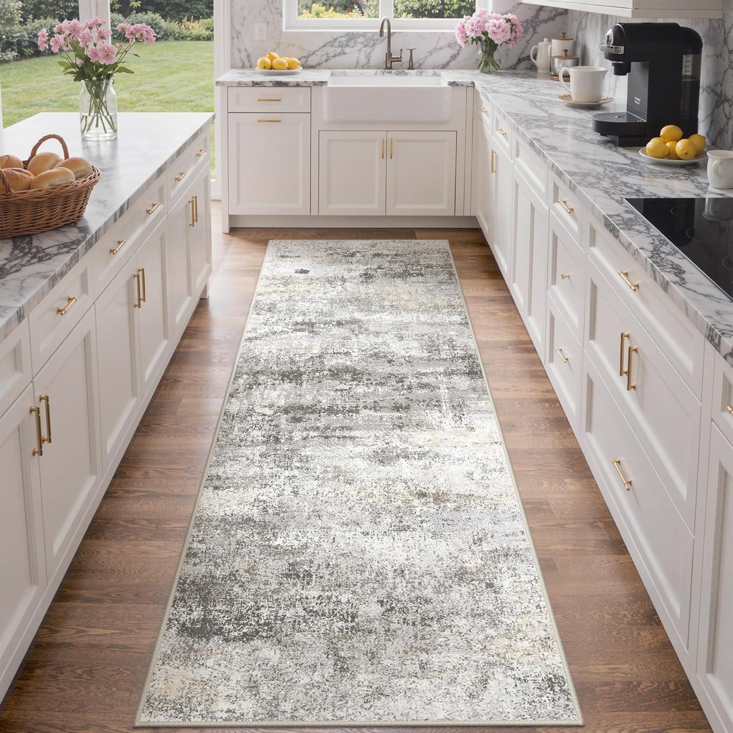 imageGENIMO 5x7 Vintage Floral Area Rug Soft Microfiber Washable Rug with NonSlip Backing Beige Carpet for Living Room Bedroom and Dining RoomGrey Beige