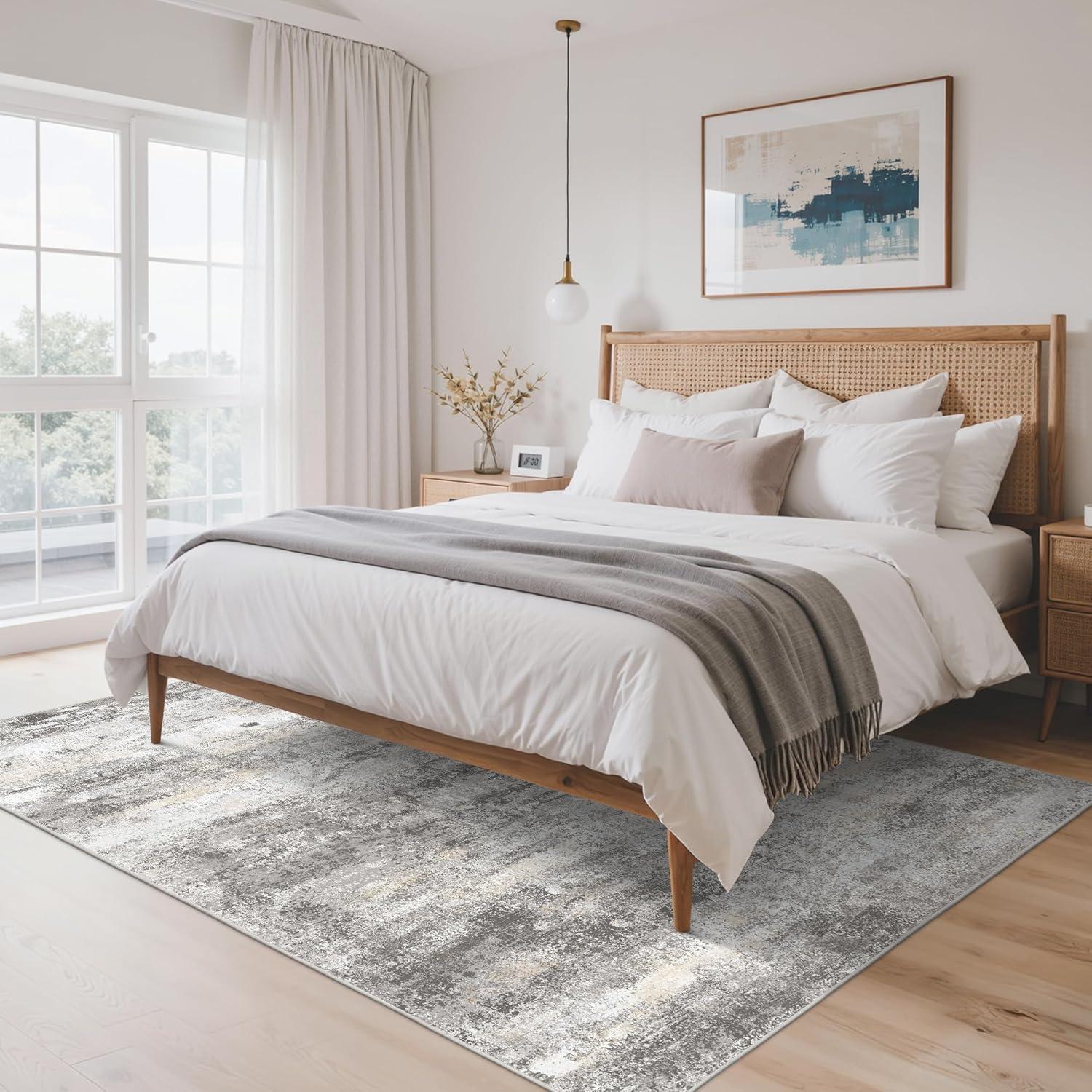 imageGENIMO 5x7 Vintage Floral Area Rug Soft Microfiber Washable Rug with NonSlip Backing Beige Carpet for Living Room Bedroom and Dining RoomGrey Beige