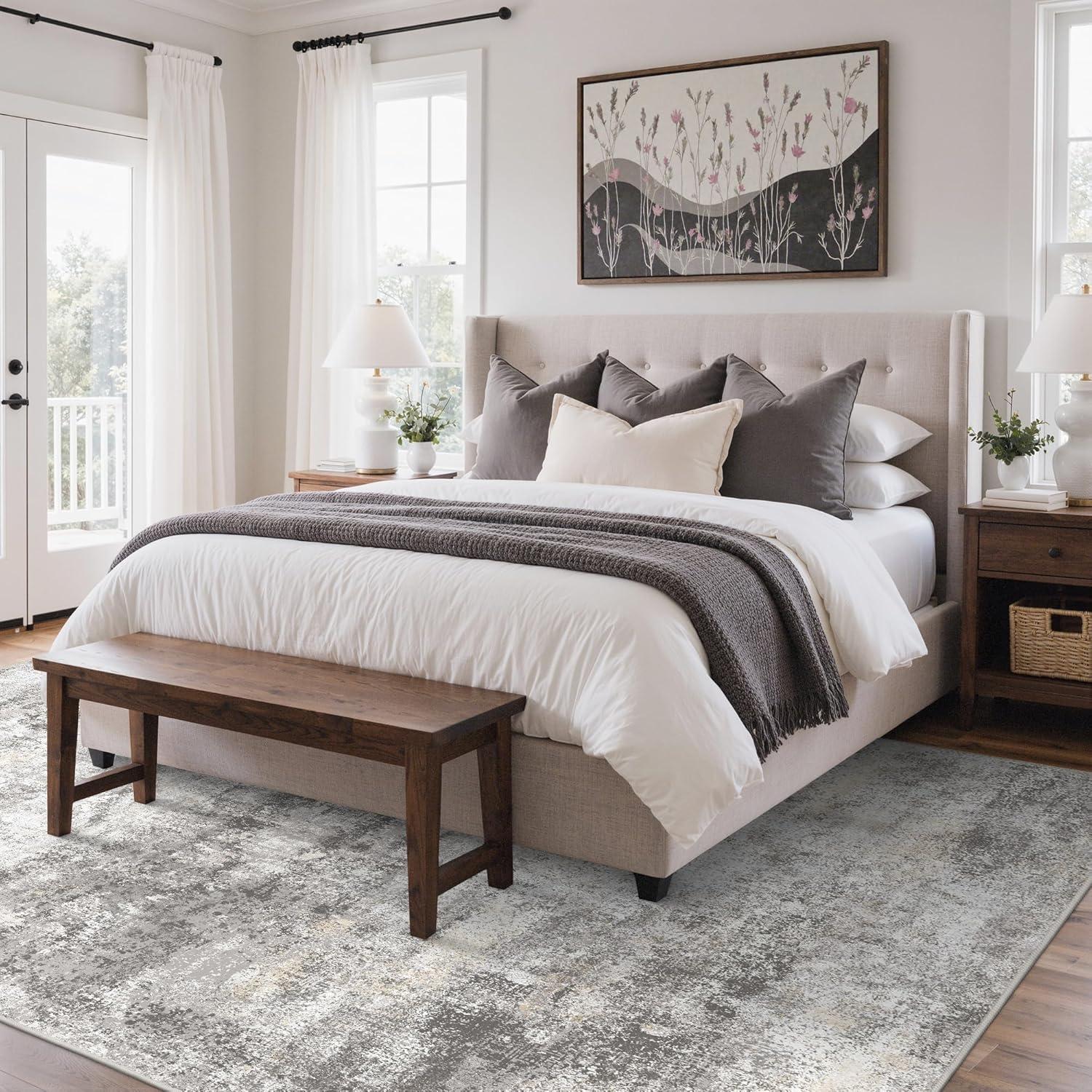 imageGENIMO 5x7 Vintage Floral Area Rug Soft Microfiber Washable Rug with NonSlip Backing Beige Carpet for Living Room Bedroom and Dining RoomGrey Beige