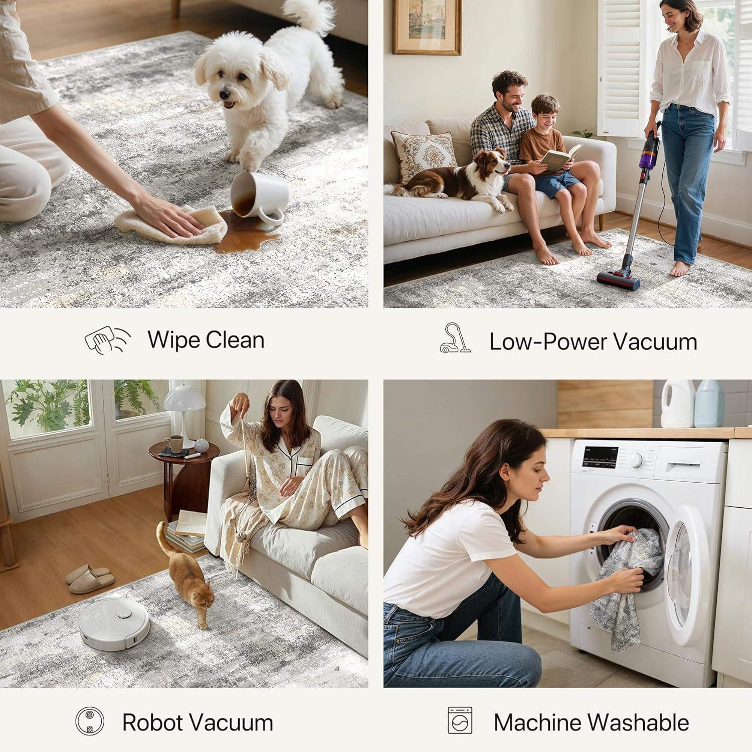 imageGENIMO 5x7 Vintage Floral Area Rug Soft Microfiber Washable Rug with NonSlip Backing Beige Carpet for Living Room Bedroom and Dining RoomGrey Beige