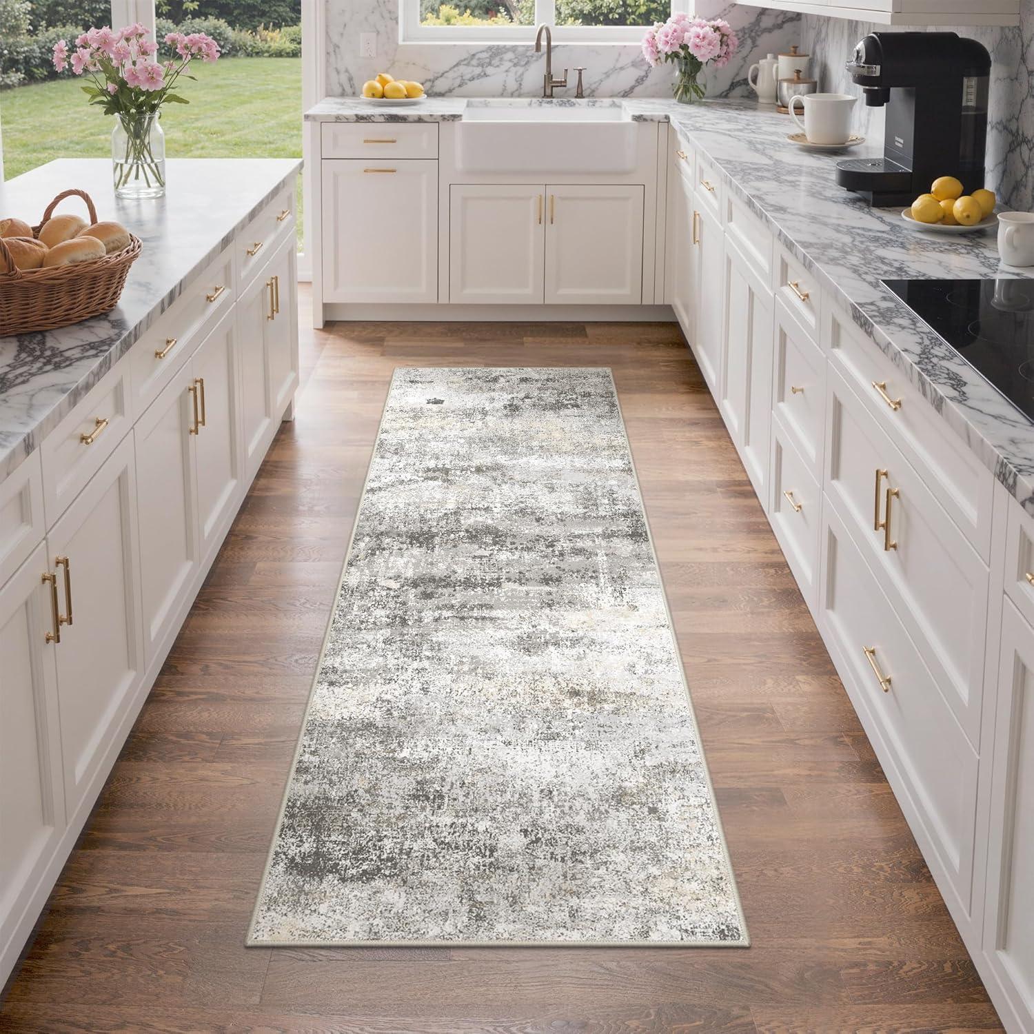 imageGENIMO 5x7 Vintage Floral Area Rug Soft Microfiber Washable Rug with NonSlip Backing Beige Carpet for Living Room Bedroom and Dining RoomGrey Beige