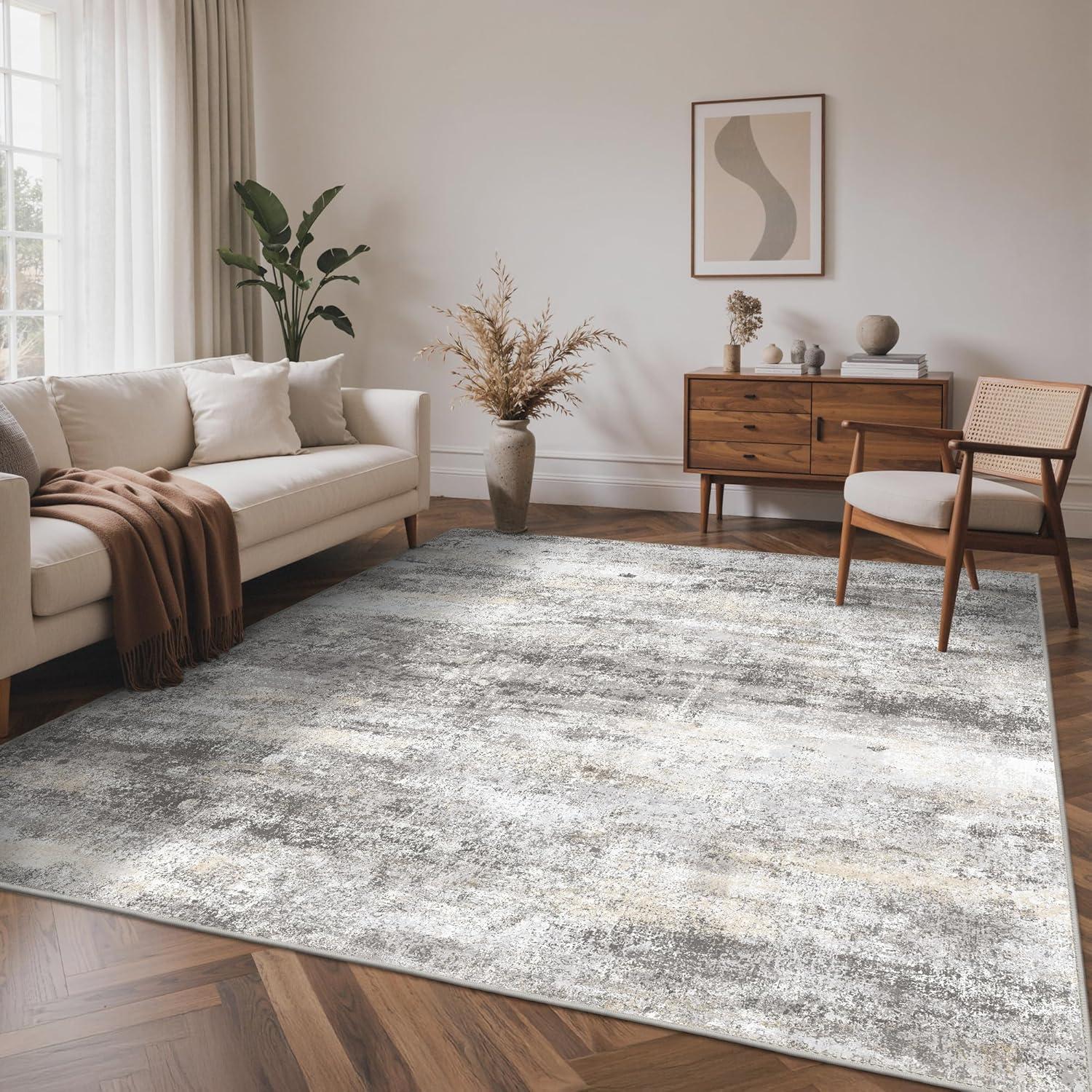 imageGENIMO 5x7 Vintage Floral Area Rug Soft Microfiber Washable Rug with NonSlip Backing Beige Carpet for Living Room Bedroom and Dining RoomGrey Beige