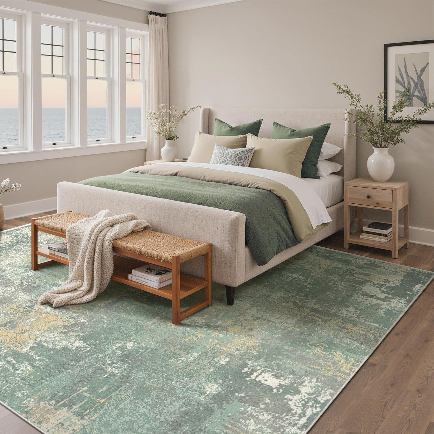 imageGENIMO 5x7 Vintage Floral Area Rug Soft Microfiber Washable Rug with NonSlip Backing Beige Carpet for Living Room Bedroom and Dining RoomGrey Green