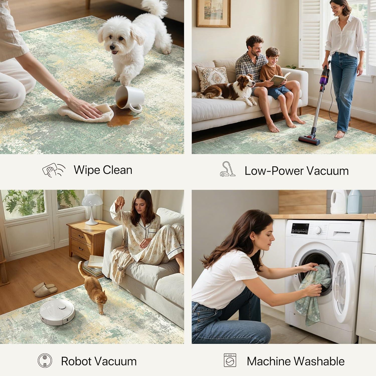 imageGENIMO 5x7 Vintage Floral Area Rug Soft Microfiber Washable Rug with NonSlip Backing Beige Carpet for Living Room Bedroom and Dining RoomGrey Green