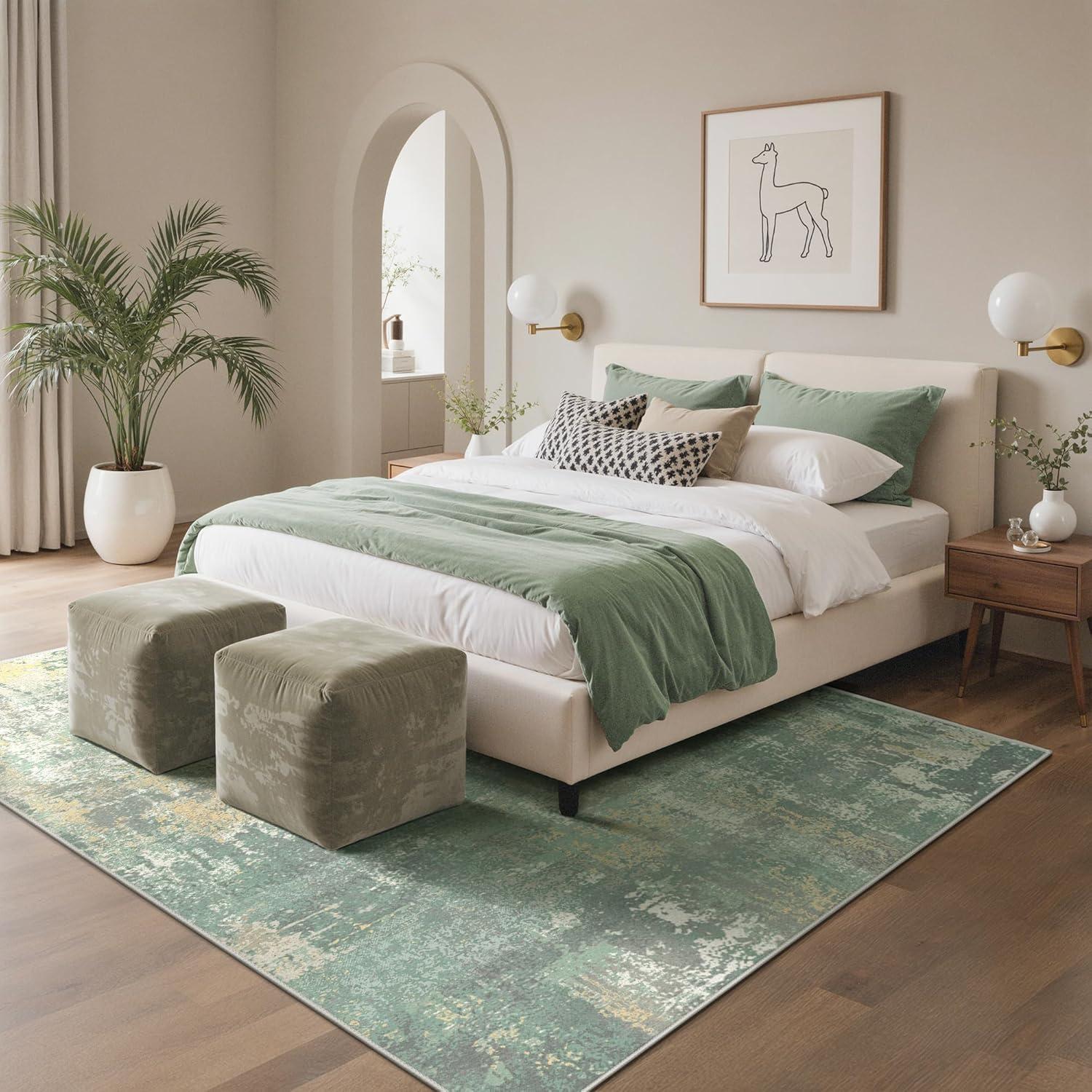 imageGENIMO 5x7 Vintage Floral Area Rug Soft Microfiber Washable Rug with NonSlip Backing Beige Carpet for Living Room Bedroom and Dining RoomGrey Green