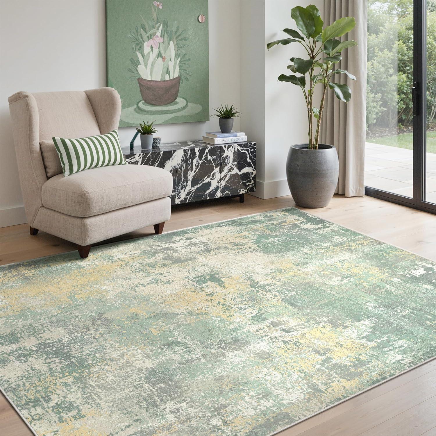 imageGENIMO 5x7 Vintage Floral Area Rug Soft Microfiber Washable Rug with NonSlip Backing Beige Carpet for Living Room Bedroom and Dining RoomGrey Green