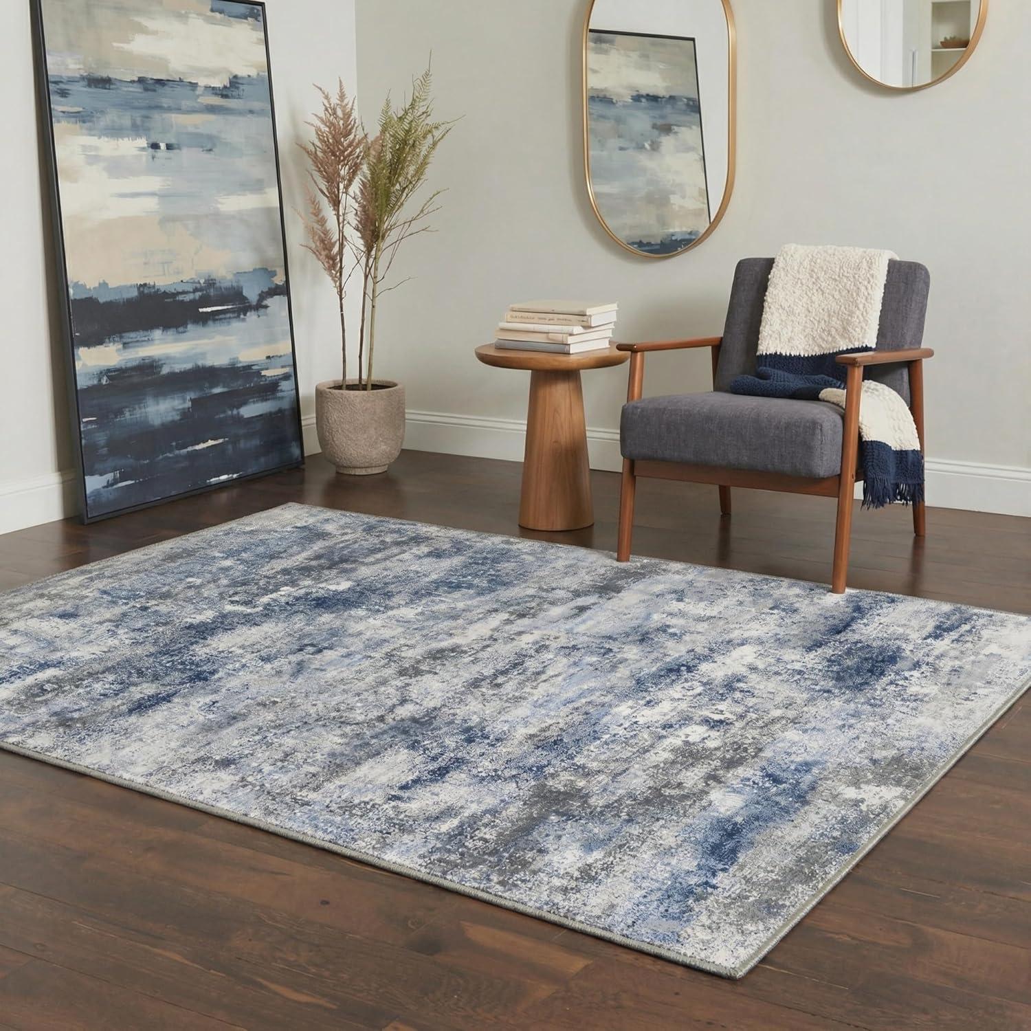 imageGENIMO 5x7 Vintage Floral Area Rug Soft Microfiber Washable Rug with NonSlip Backing Beige Carpet for Living Room Bedroom and Dining RoomHaze Blue