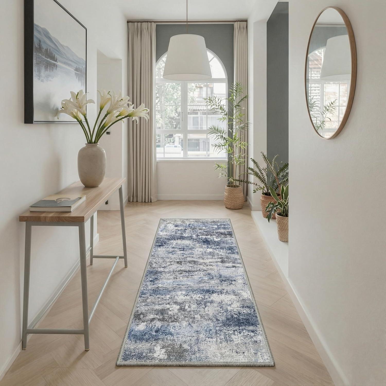 imageGENIMO 5x7 Vintage Floral Area Rug Soft Microfiber Washable Rug with NonSlip Backing Beige Carpet for Living Room Bedroom and Dining RoomHaze Blue