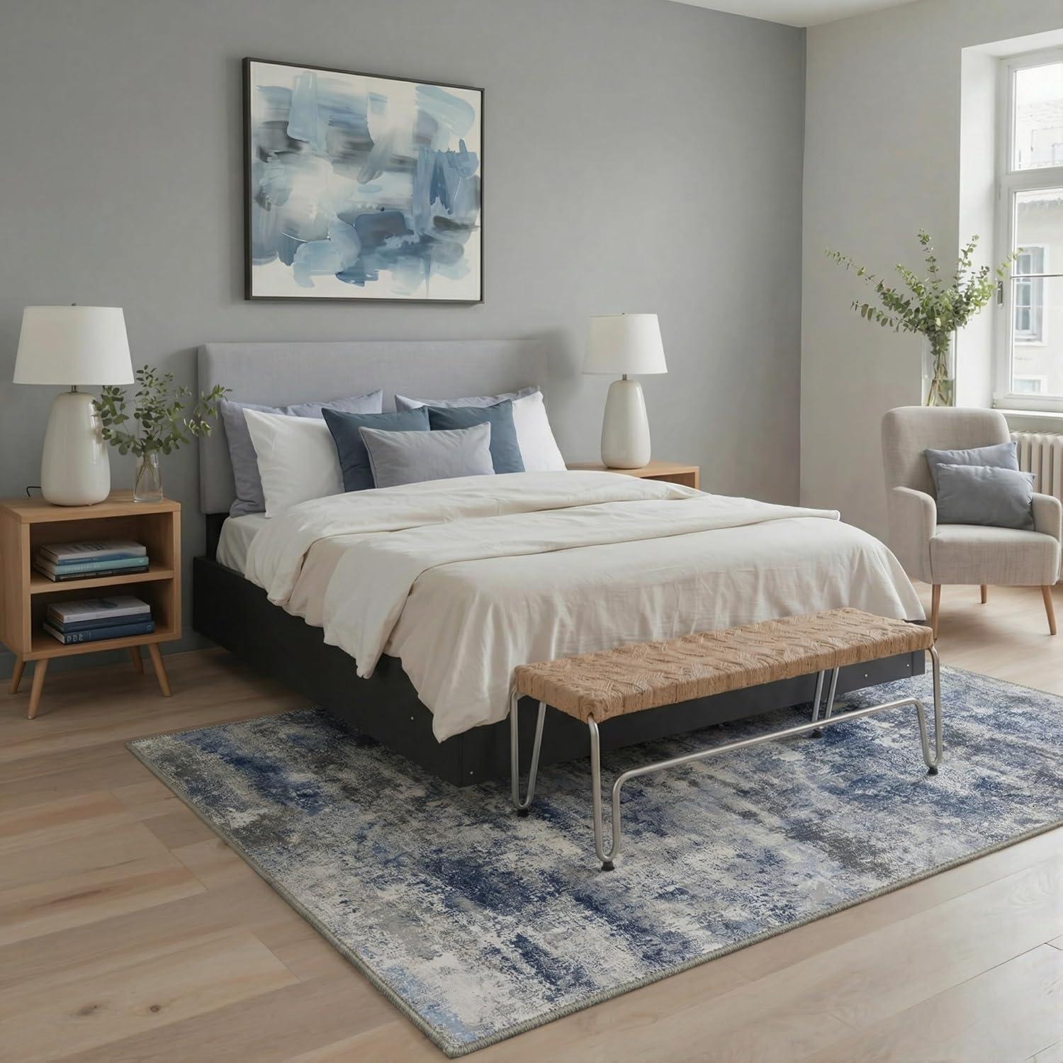 imageGENIMO 5x7 Vintage Floral Area Rug Soft Microfiber Washable Rug with NonSlip Backing Beige Carpet for Living Room Bedroom and Dining RoomHaze Blue