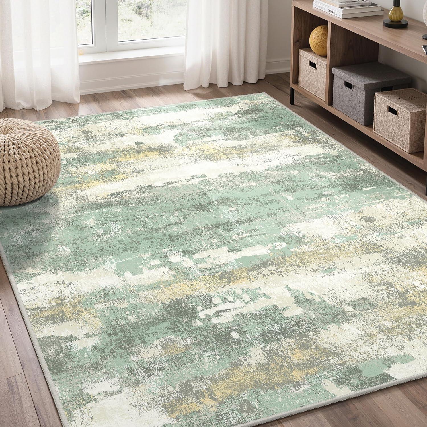 imageGENIMO 5x7 Vintage Floral Area Rug Soft Microfiber Washable Rug with NonSlip Backing Beige Carpet for Living Room Bedroom and Dining RoomLight Green
