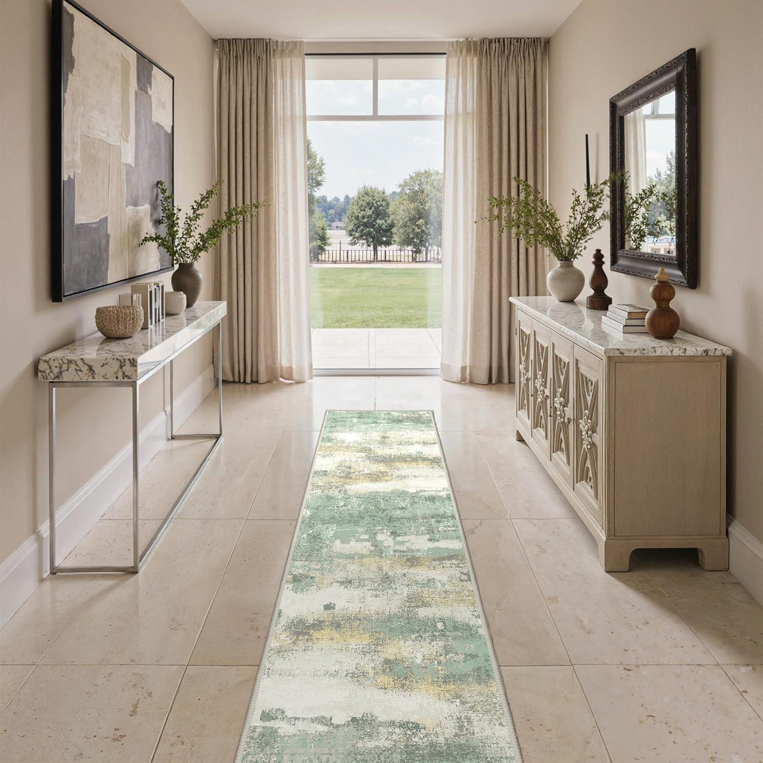 imageGENIMO 5x7 Vintage Floral Area Rug Soft Microfiber Washable Rug with NonSlip Backing Beige Carpet for Living Room Bedroom and Dining RoomLight Green