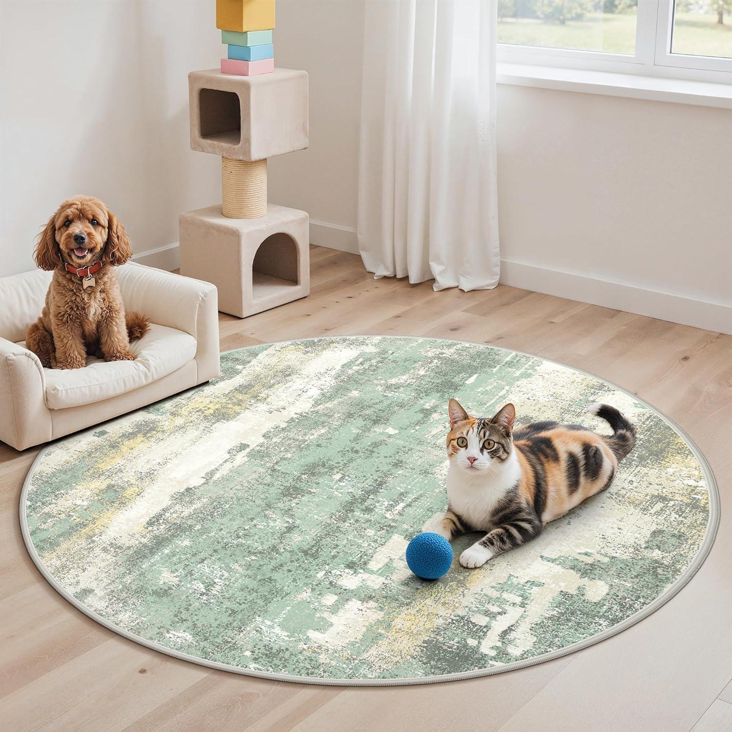 imageGENIMO 5x7 Vintage Floral Area Rug Soft Microfiber Washable Rug with NonSlip Backing Beige Carpet for Living Room Bedroom and Dining RoomLight Green