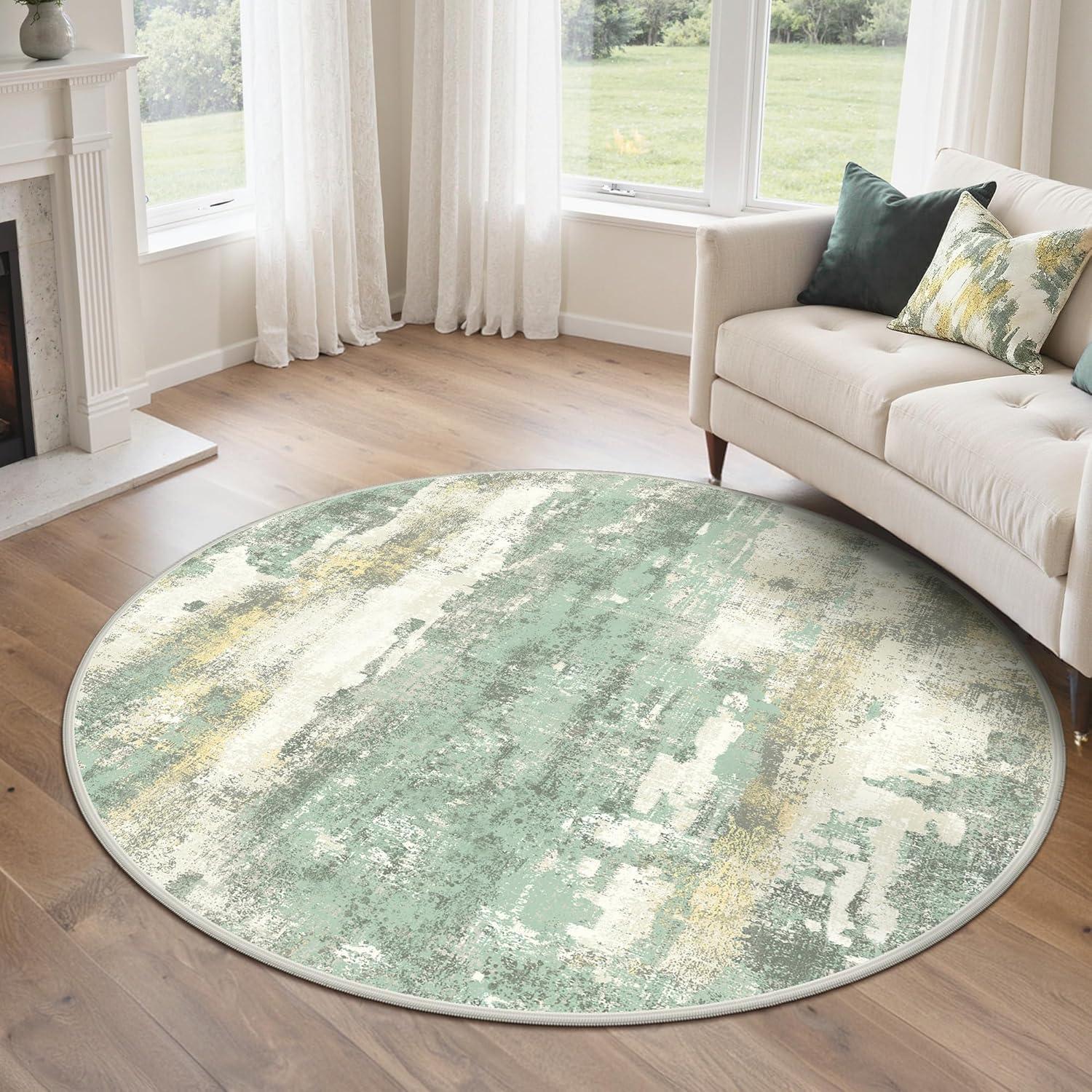 imageGENIMO 5x7 Vintage Floral Area Rug Soft Microfiber Washable Rug with NonSlip Backing Beige Carpet for Living Room Bedroom and Dining RoomLight Green